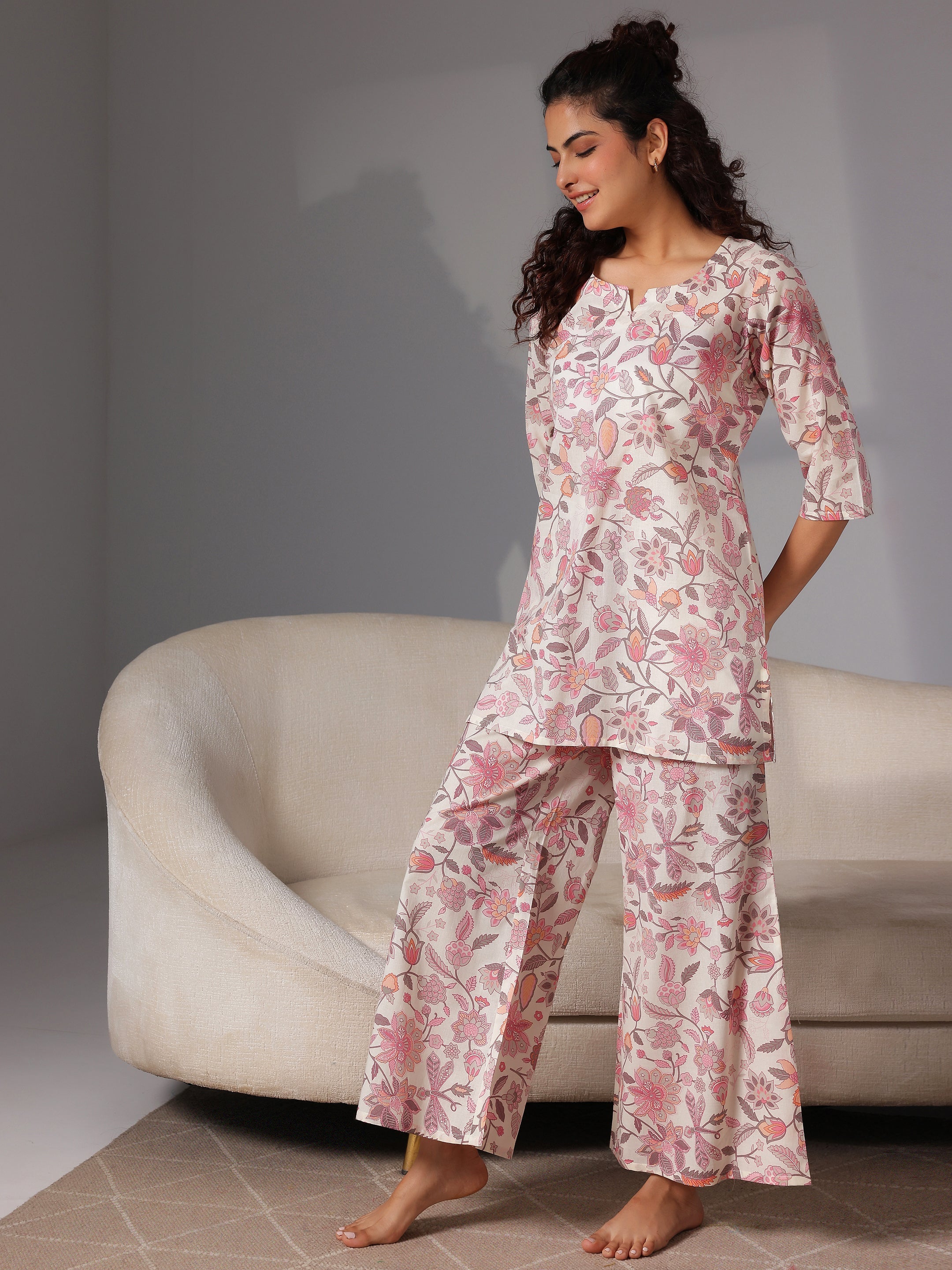 Cream Printed Cotton Night Suits