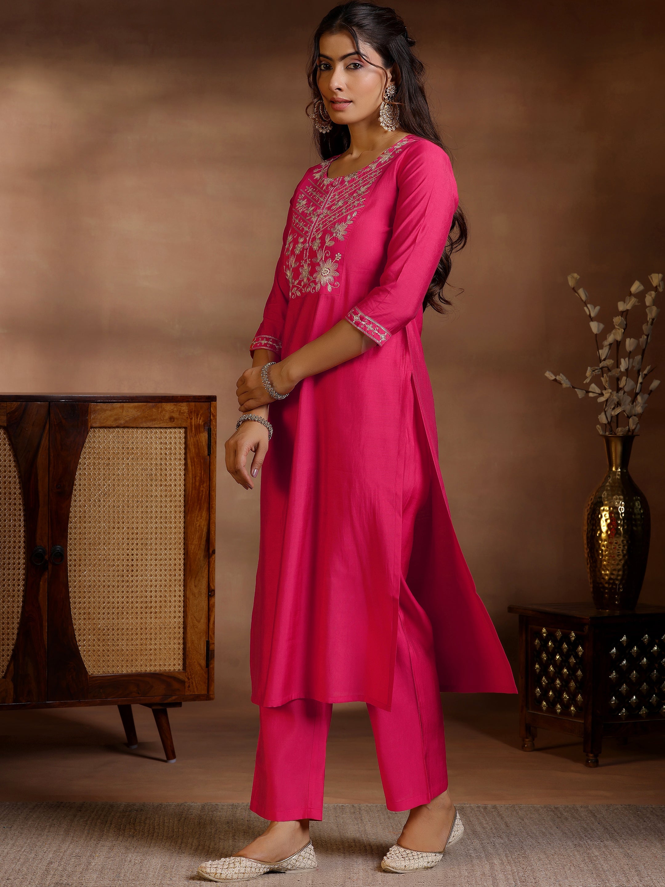 Pink Yoke Design Silk Blend Straight Suits With Dupatta