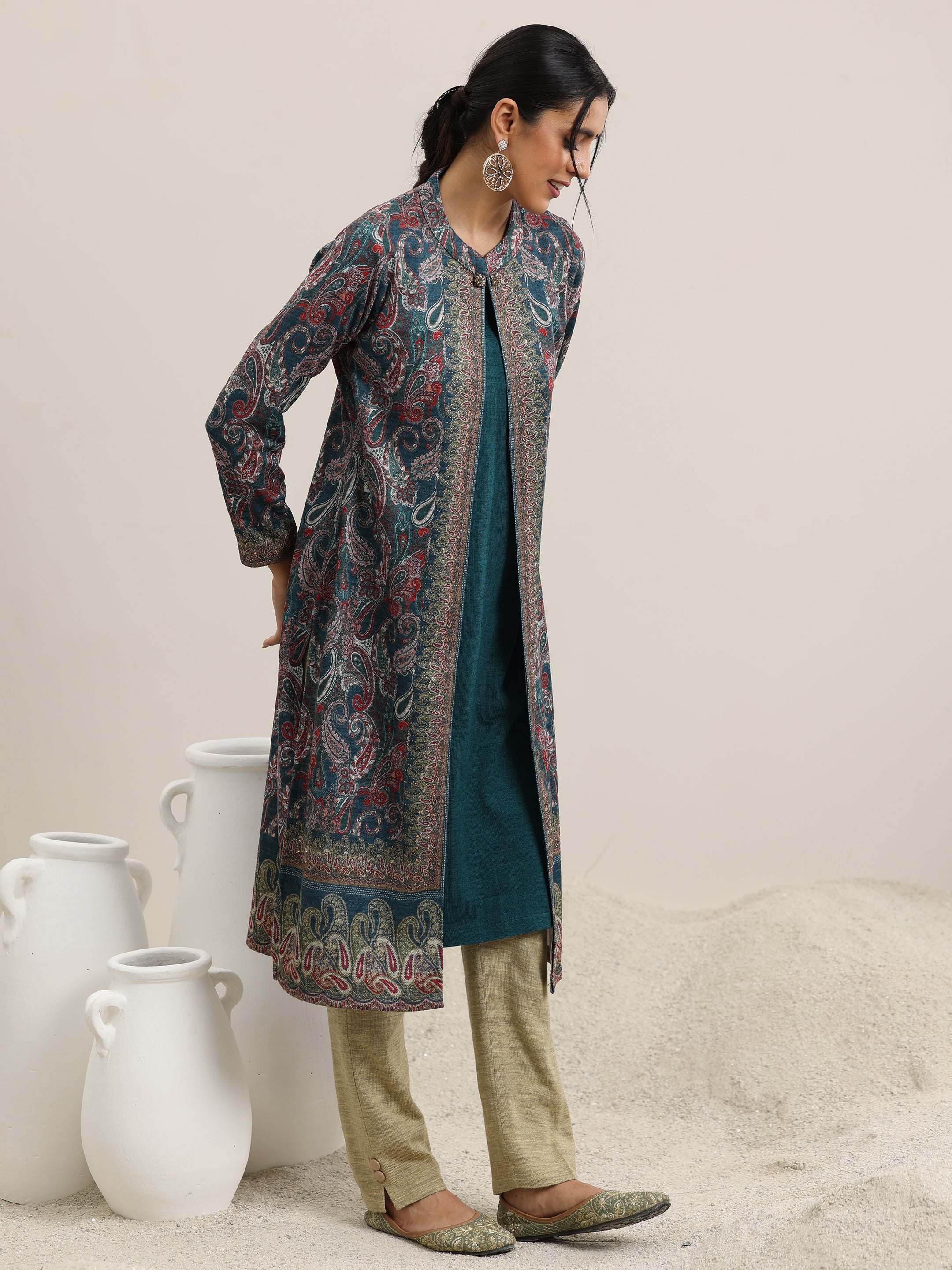 Blue Printed Wool Straight Kurta