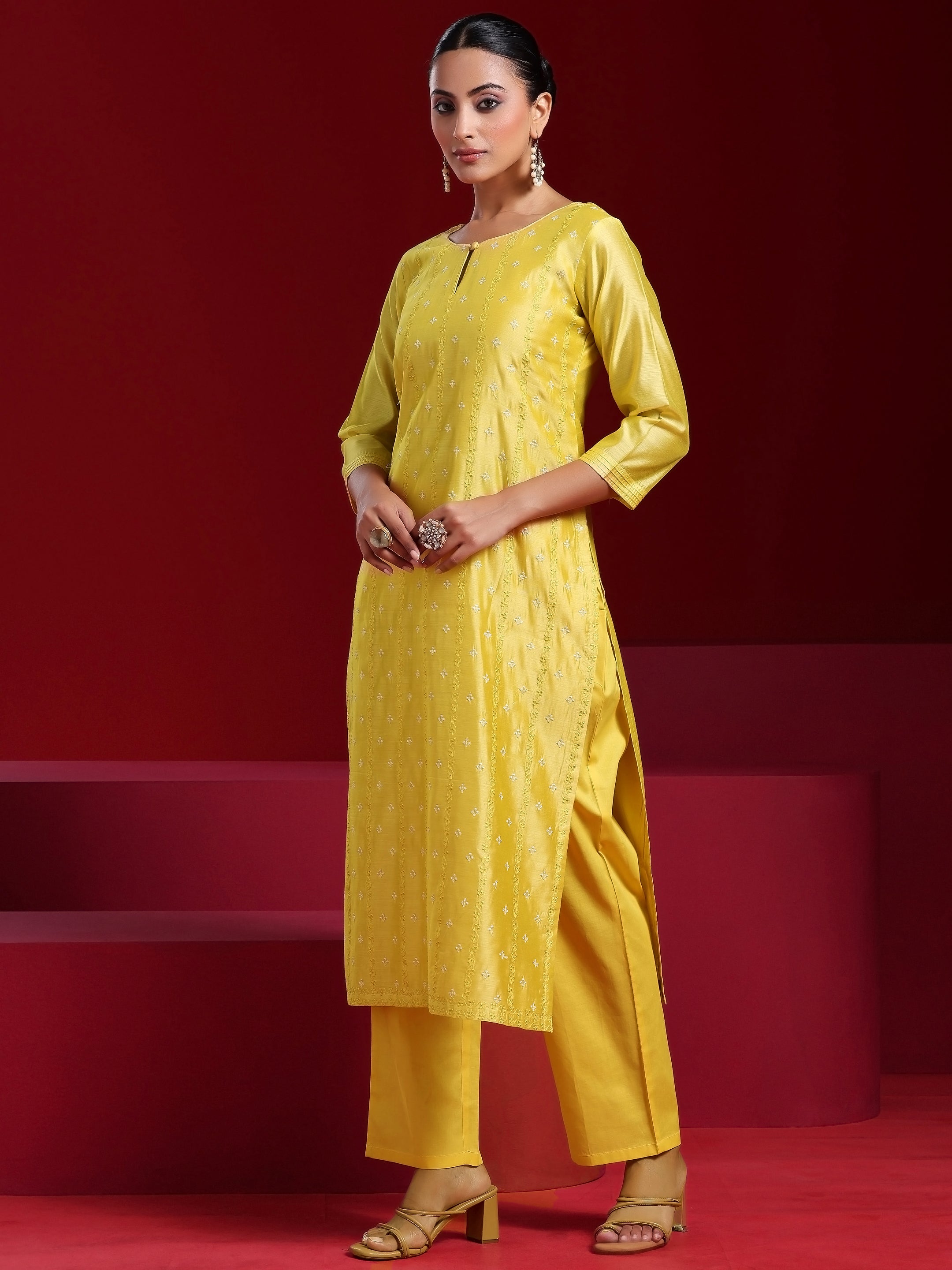 Libas Art Yellow Embroidered Chanderi Silk Straight Suit With Dupatta