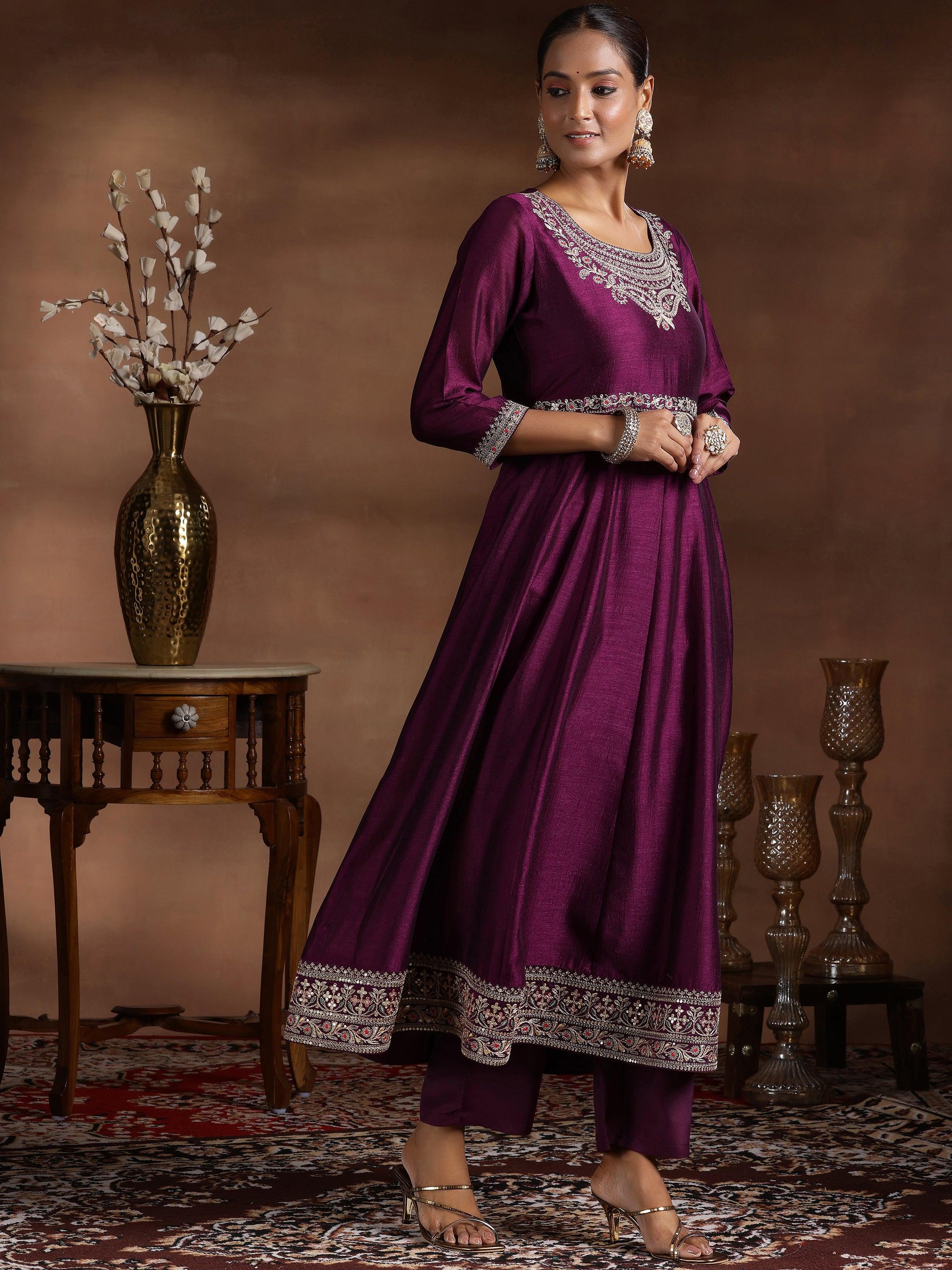 Wine Yoke Design Silk Blend Anarkali Suit With Dupatta