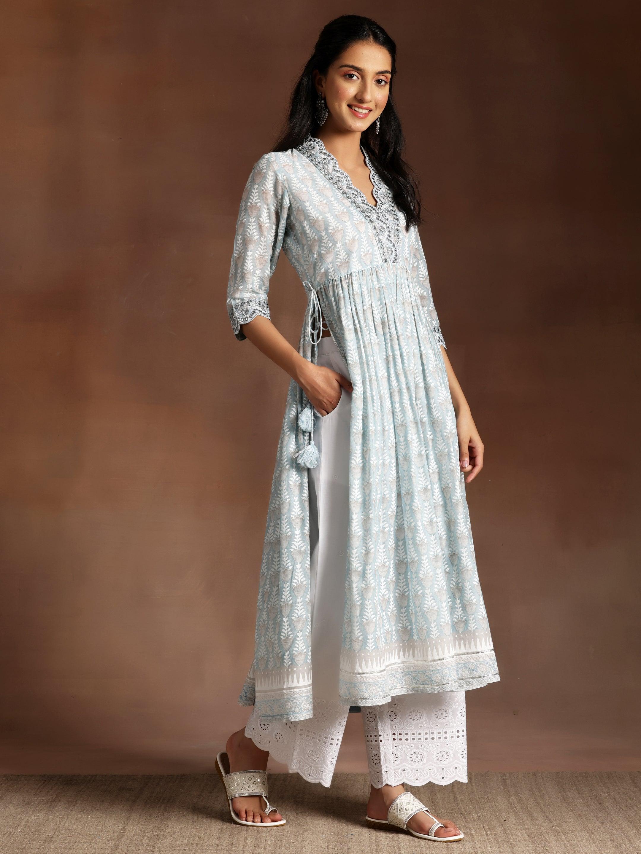 Grey Printed Cotton A-Line Kurta With Palazzos & Dupatta