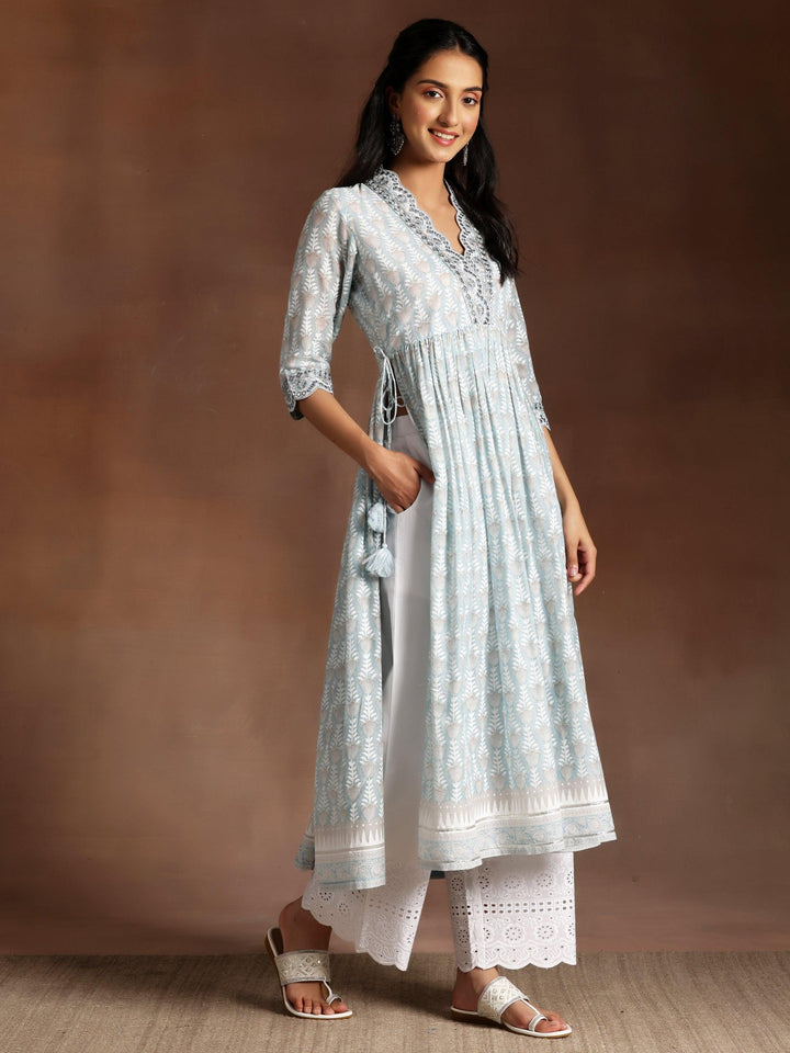 Grey Printed Cotton A-Line Kurta With Palazzos & Dupatta - ShopLibas