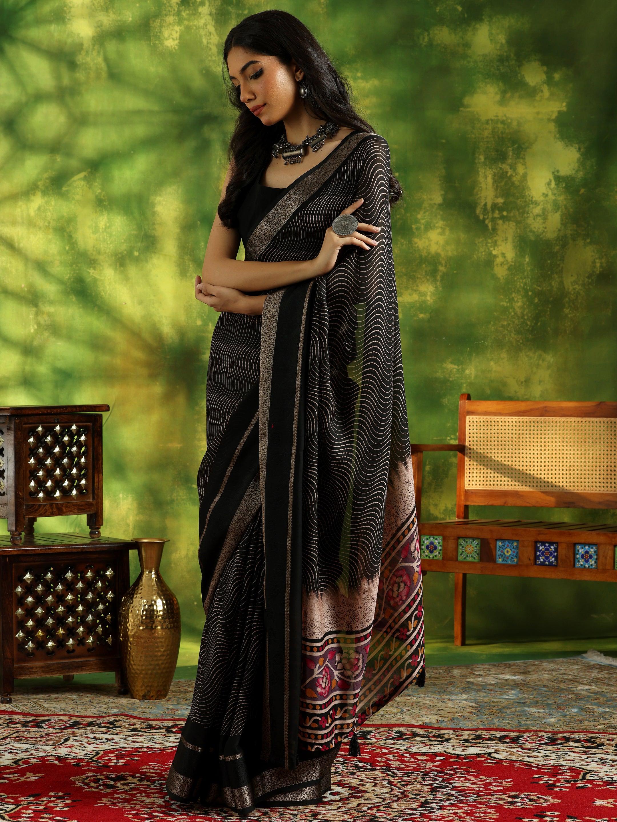 Black Printed Silk Blend Saree With Unstitched Blouse Piece