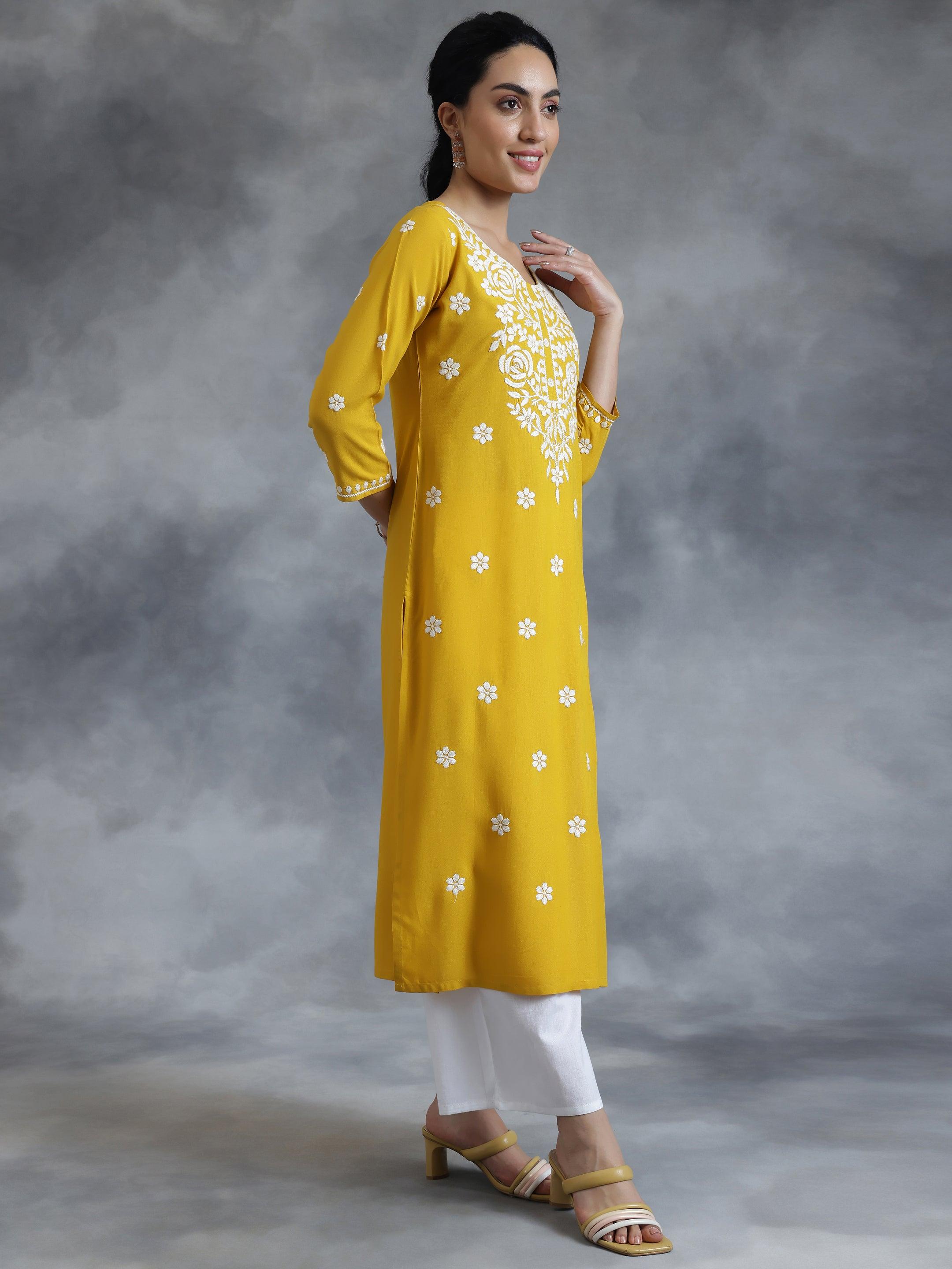 Mustard Embroidered Rayon Straight Kurta