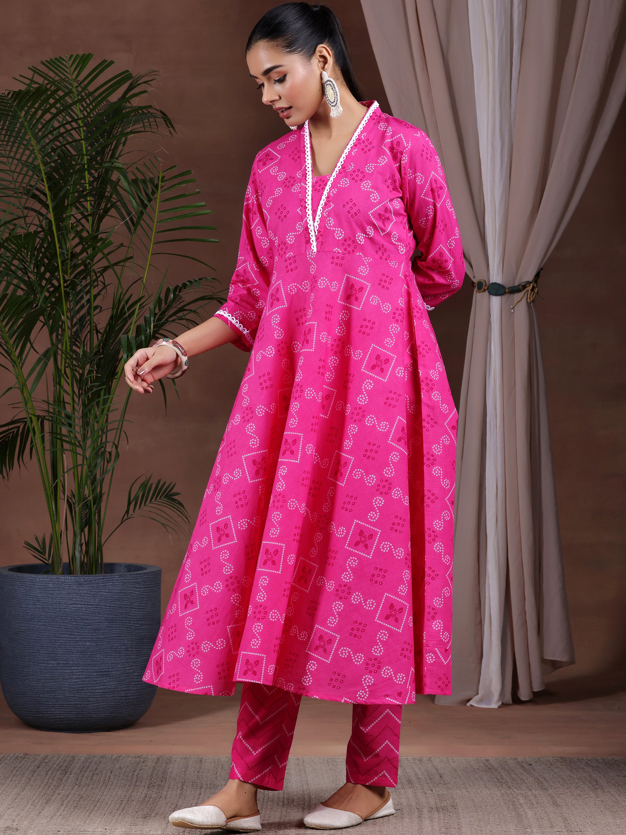 Pink Printed Cotton Anarkali Suit With Dupatta