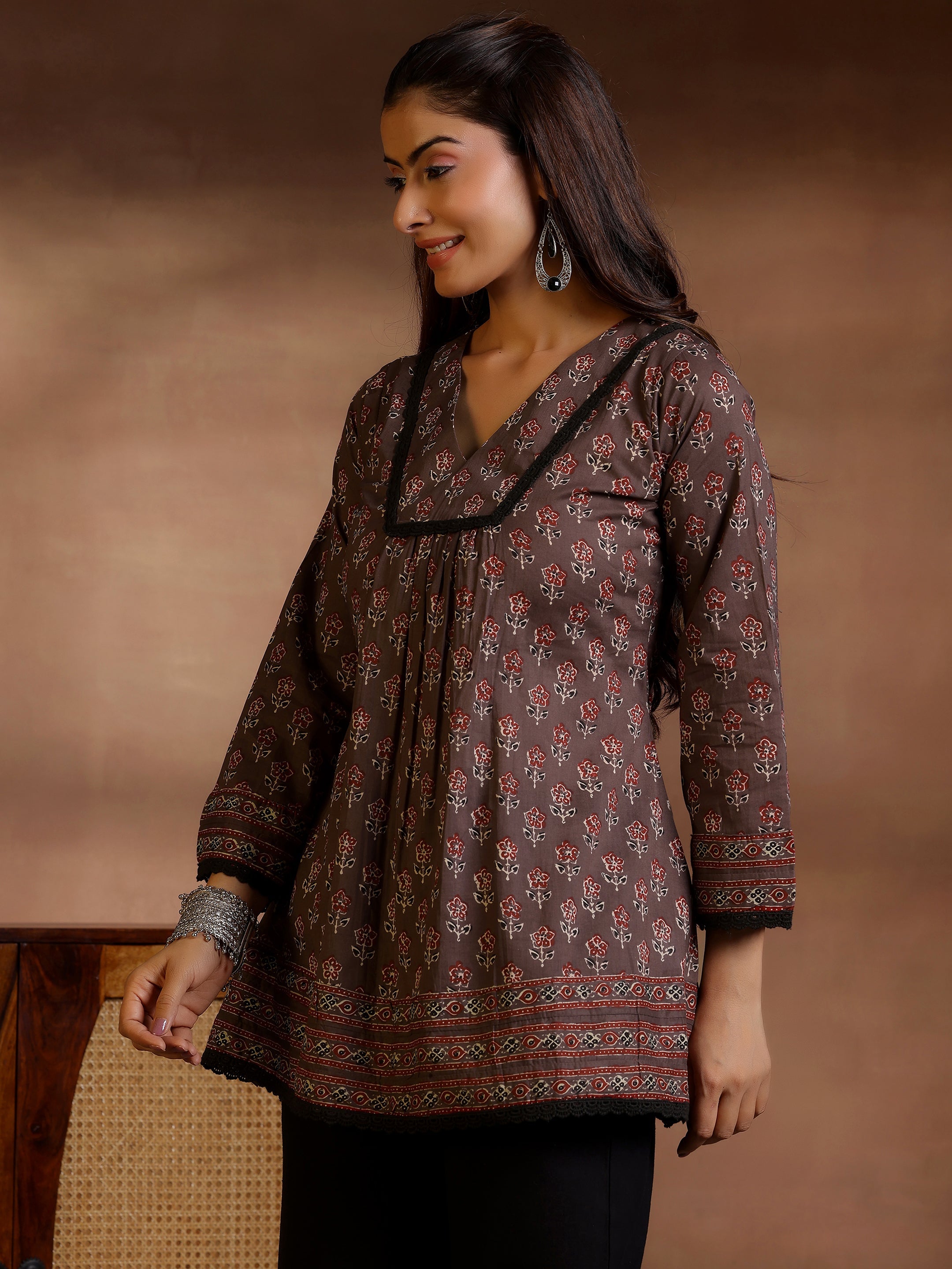 Grey Printed Cotton A-Line Kurti