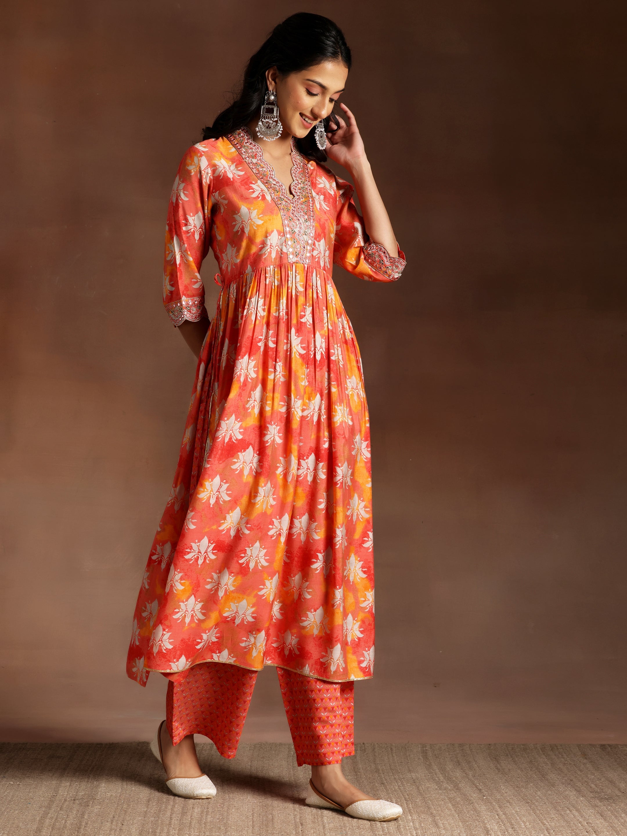 Saanjh Orange Printed Silk Blend A-Line Kurta With Palazzos & Dupatta