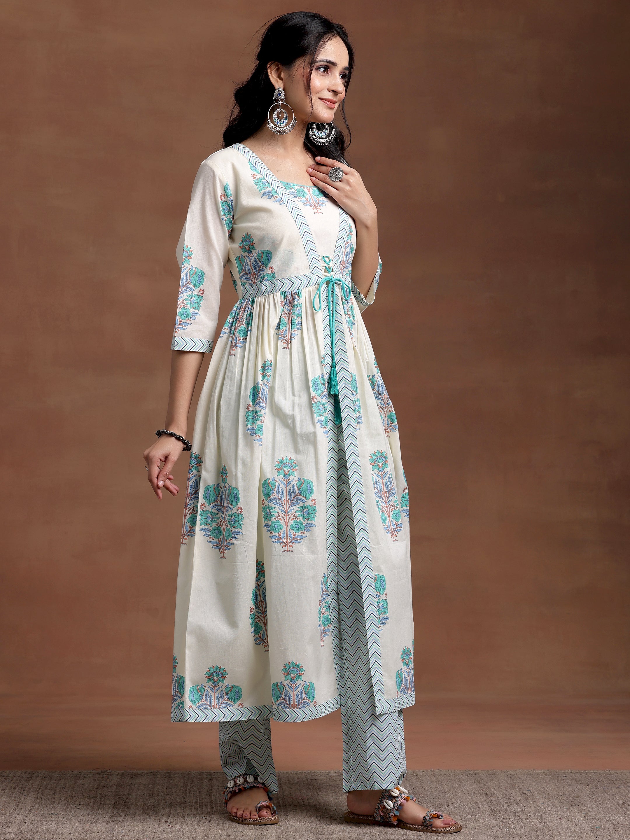 Off white Printed Cotton Straight Kurta Set