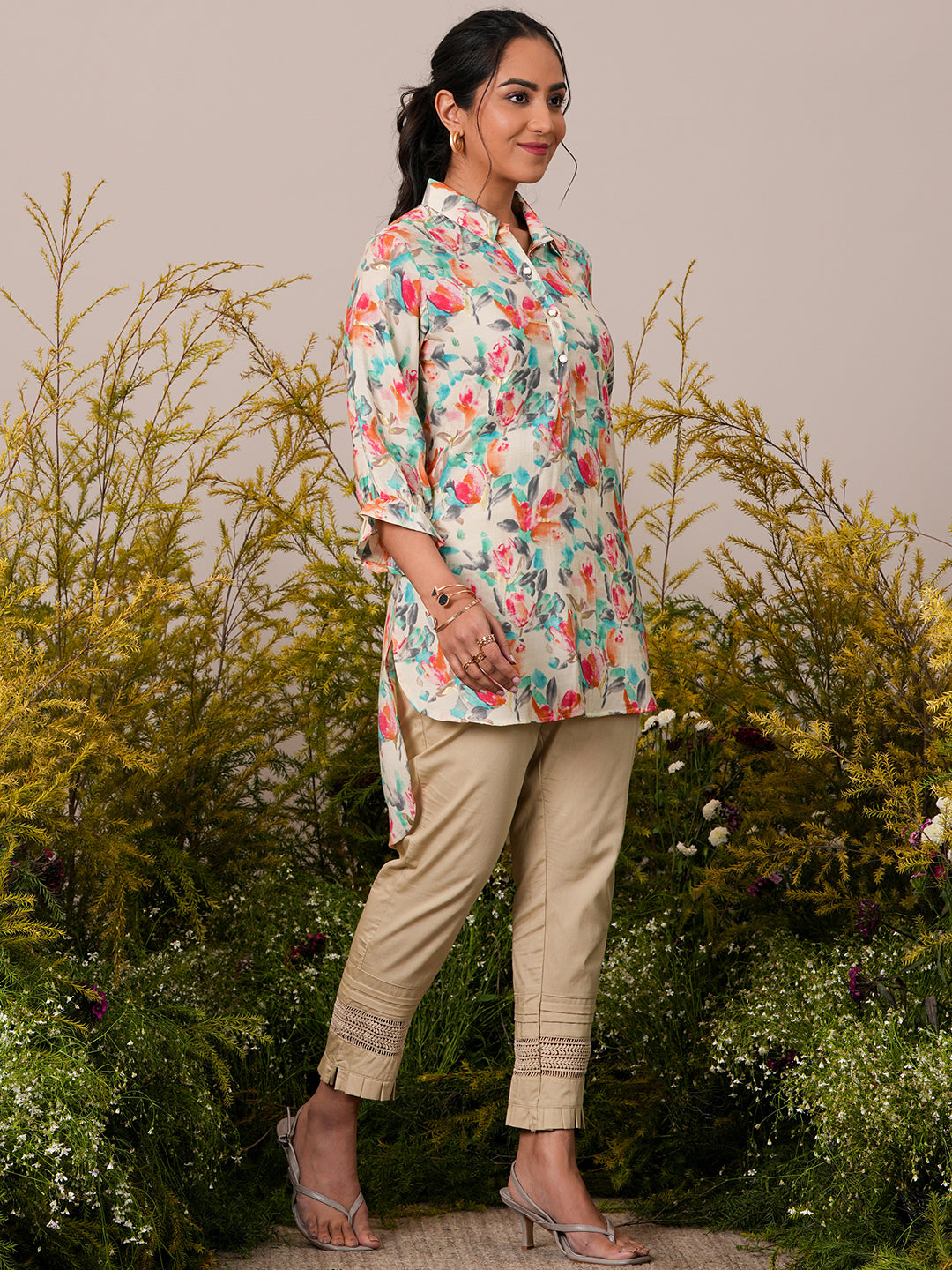 Cream Printed Silk Blend Pathani Kurti