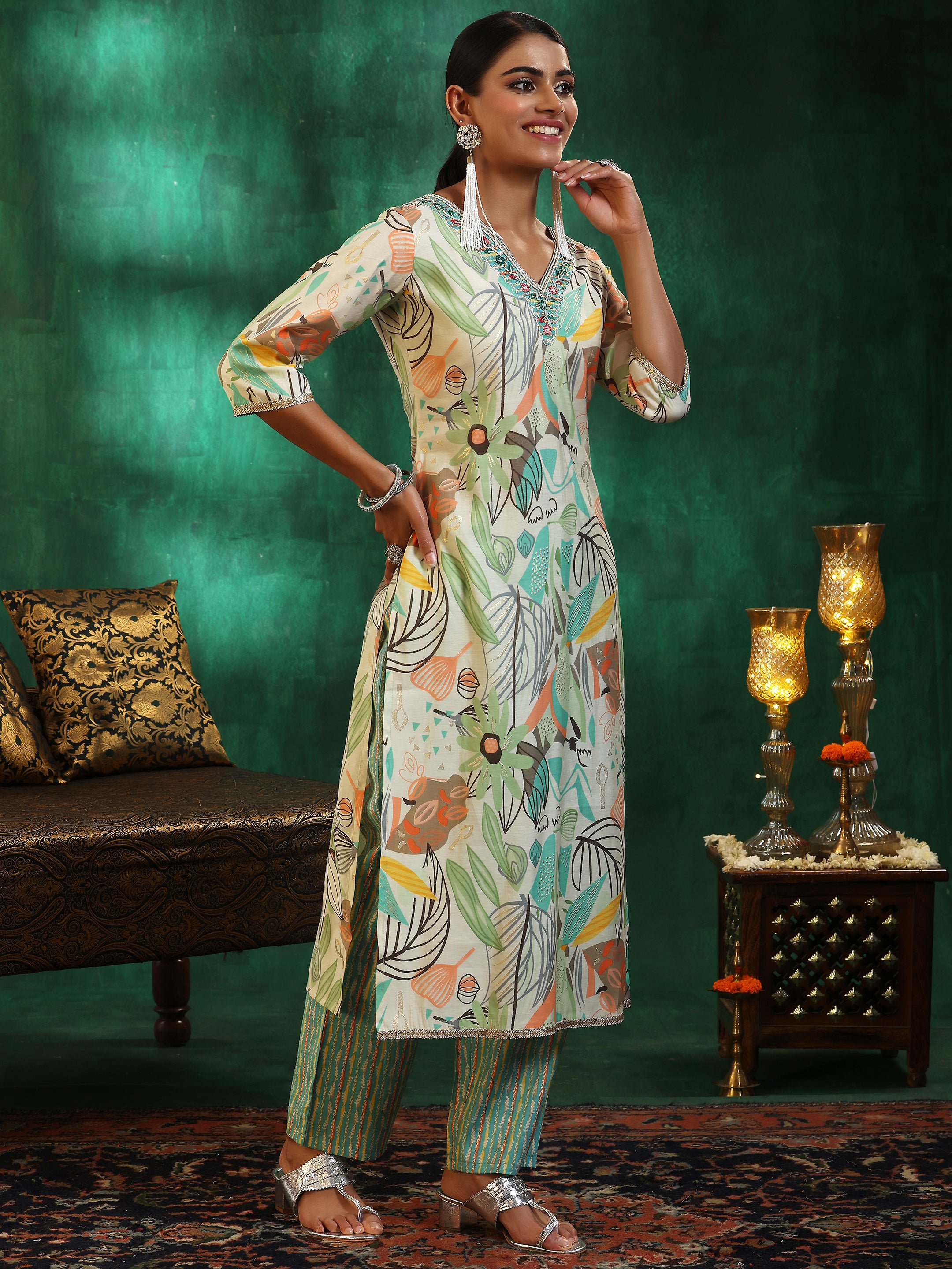 Off White Printed Silk Blend Straight Suit With Dupatta