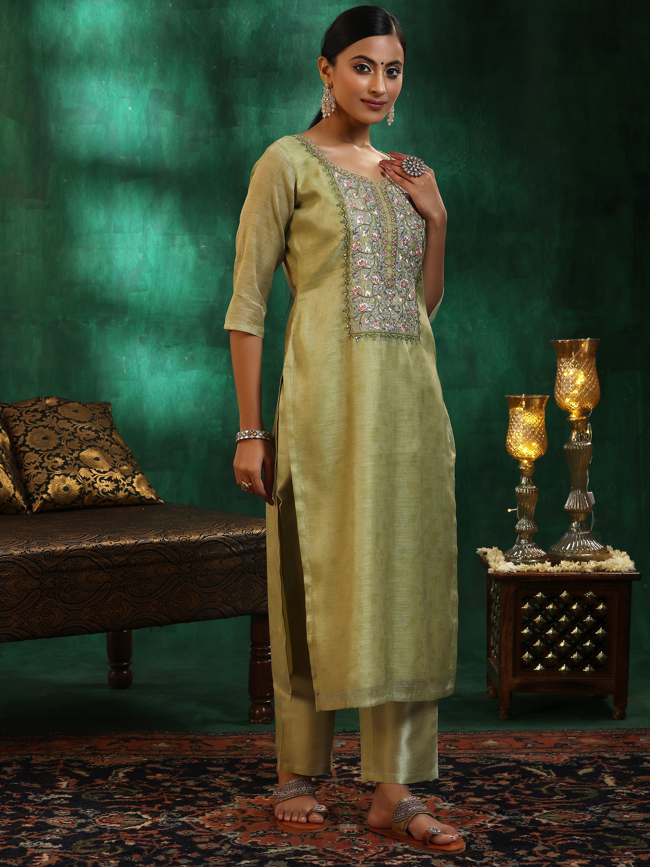 Green Yoke Design Silk Blend Straight Suit With Dupatta