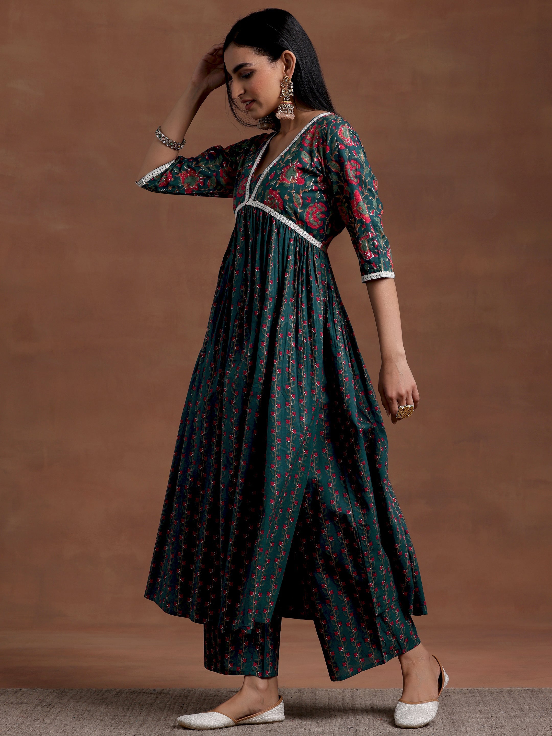 Blue Printed Cotton A-Line Kurta With Palazzos