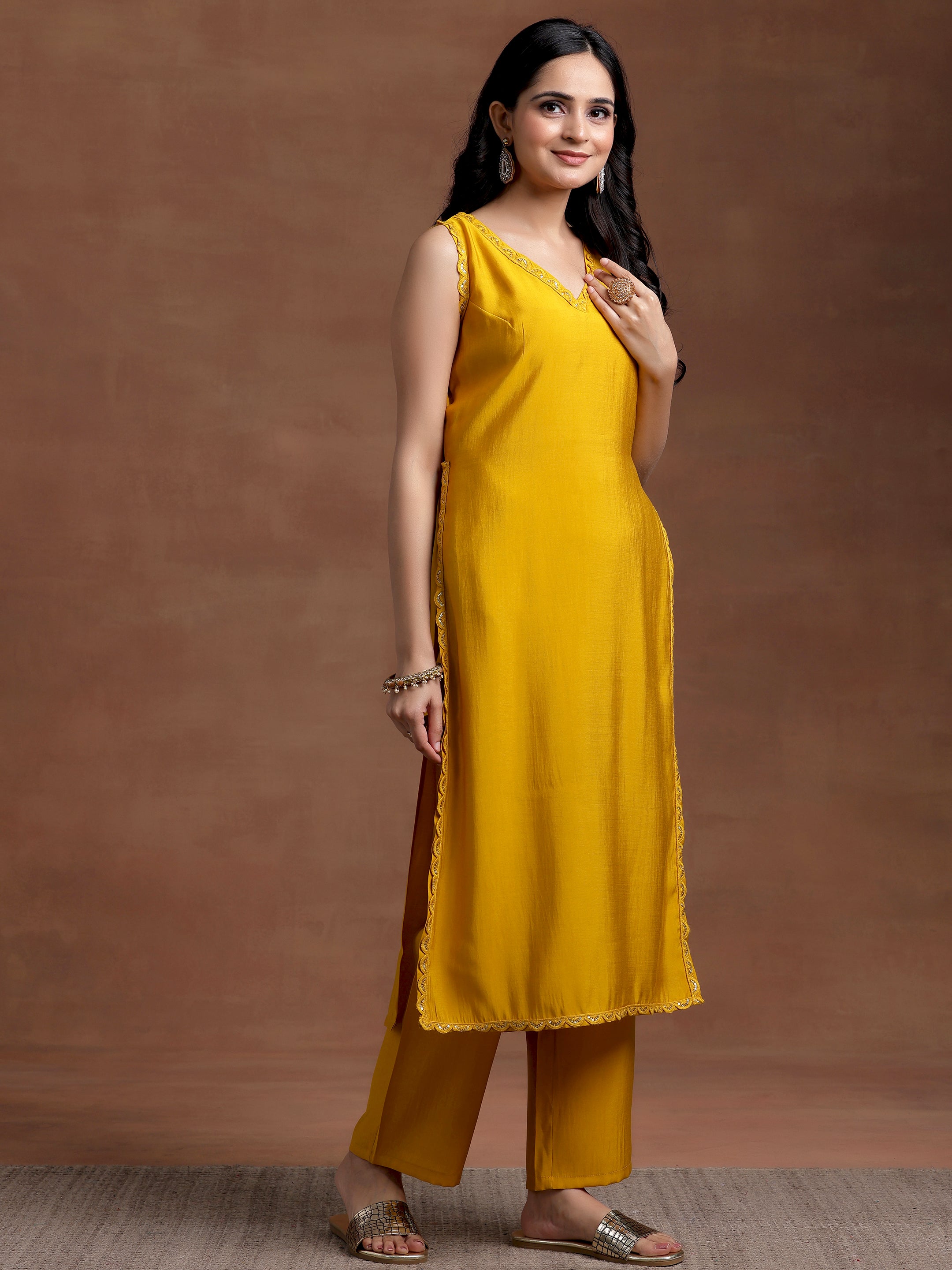 Mustard Solid Silk Blend Straight Suit With Dupatta