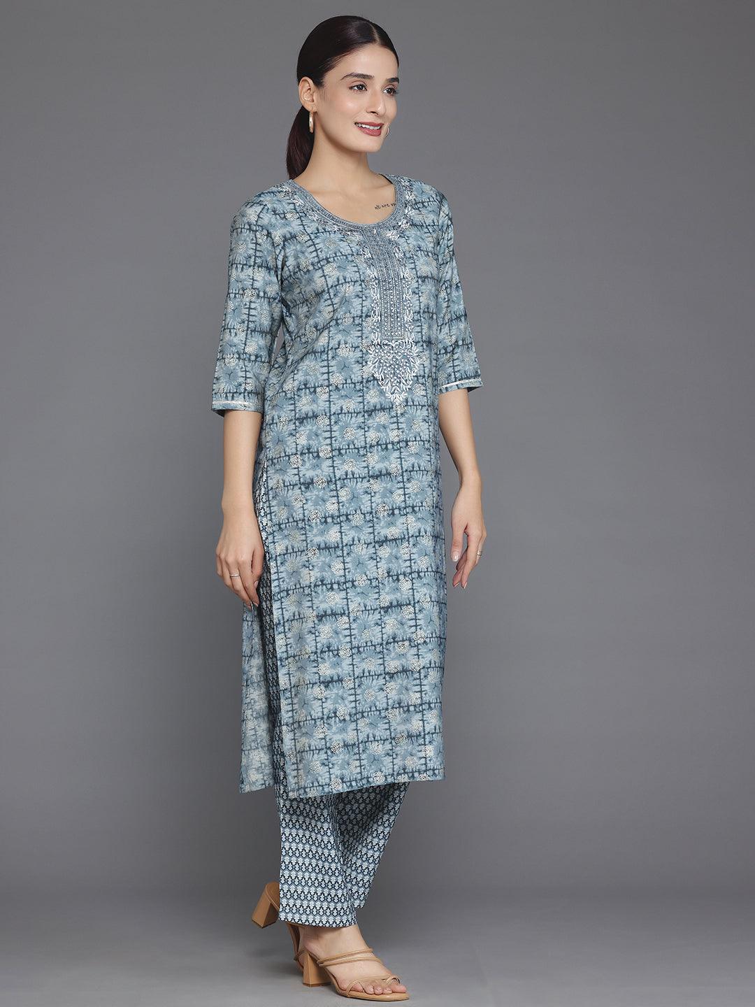 Grey Printed Silk Blend Straight Suit With Dupatta