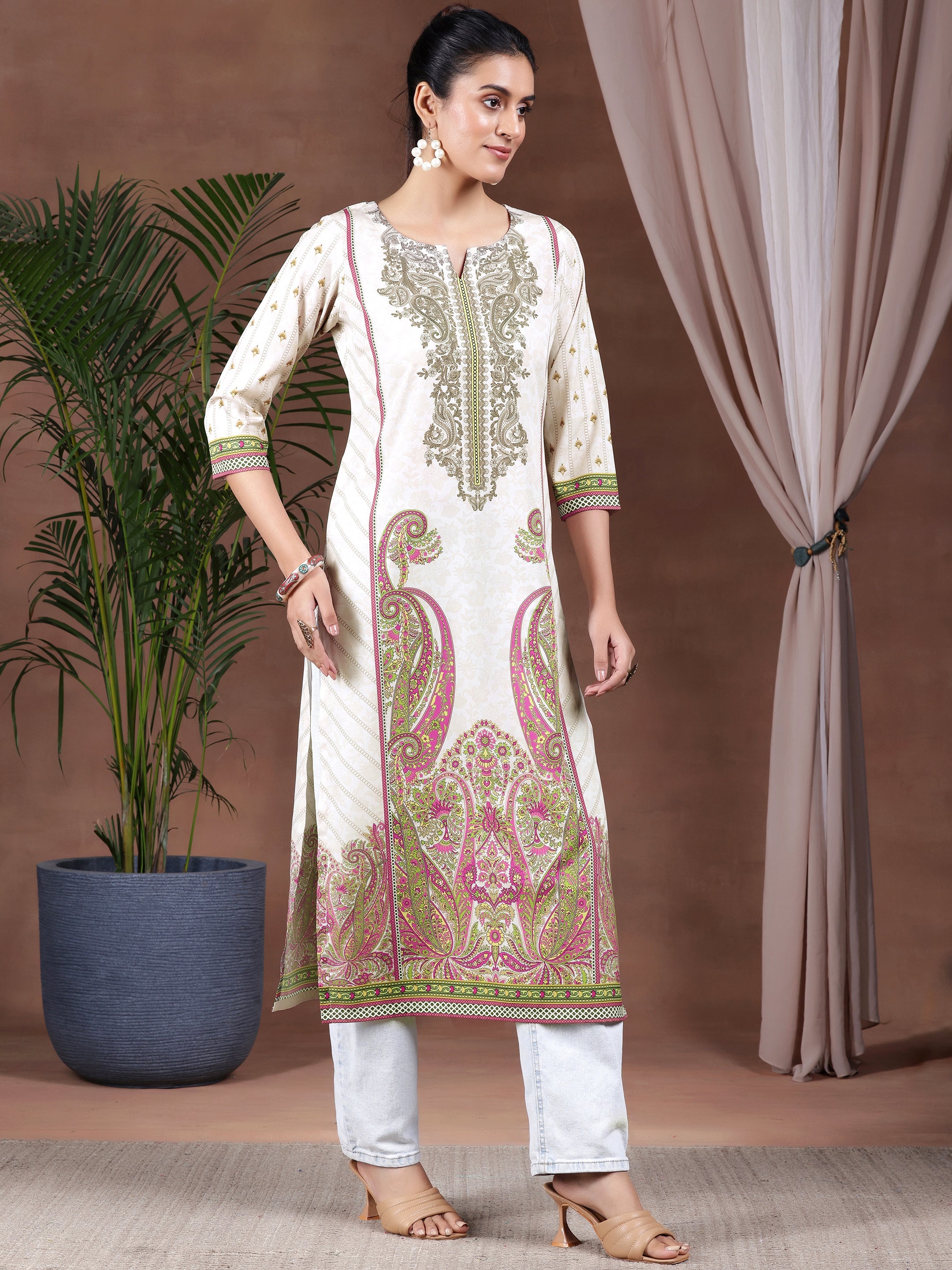 Beige Printed Crepe Straight Kurta