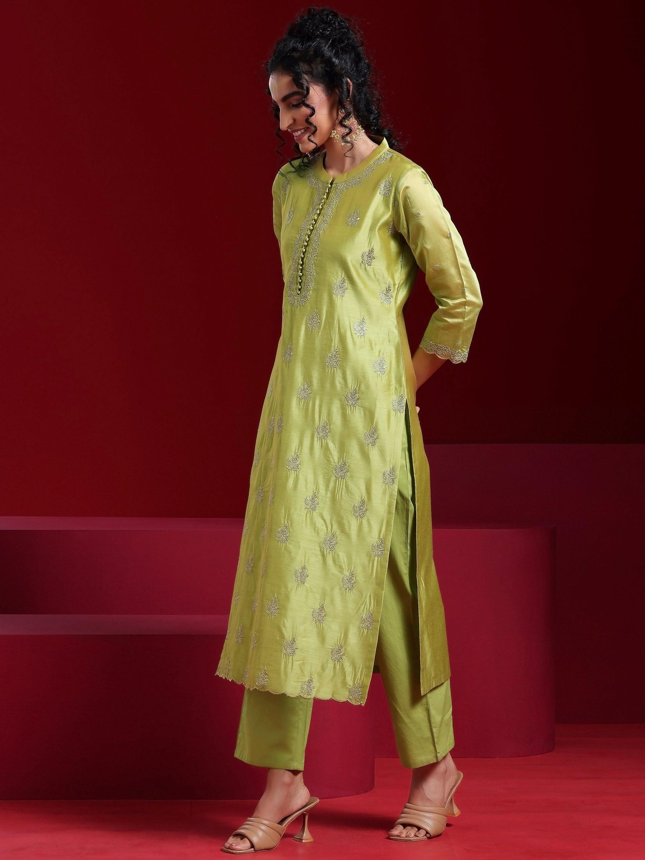 Libas Art Green Embroidered Chanderi Silk Straight Suit With Dupatta