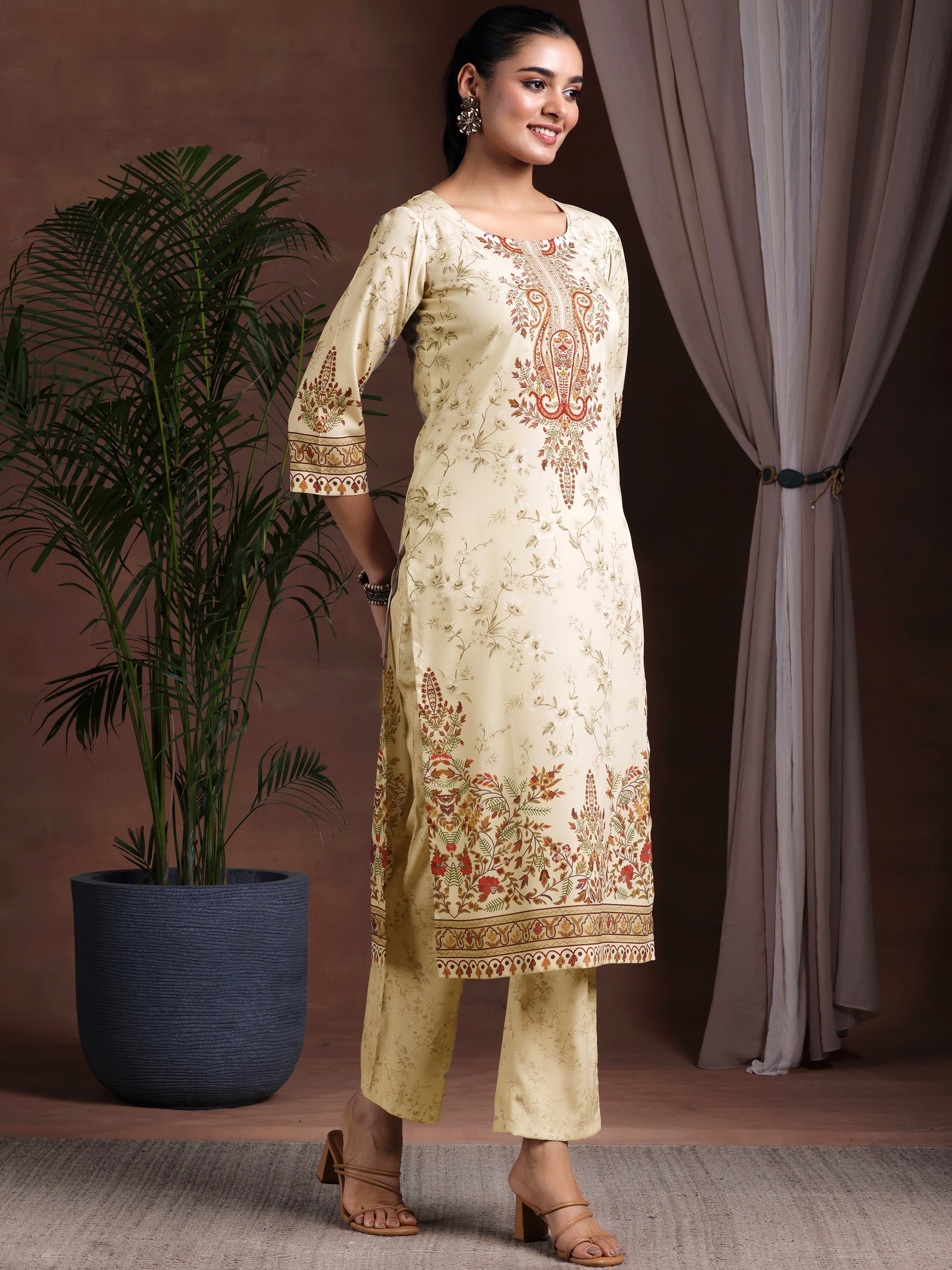 Beige Printed Poly Crepe Straight Suit With Dupatta