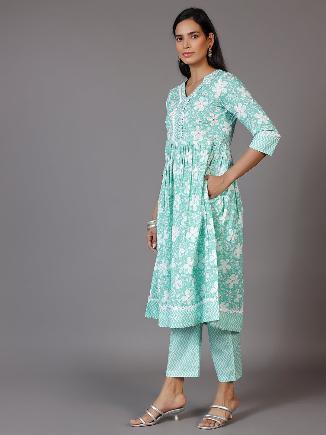 Green Printed Cotton Anarkali Kurta Set