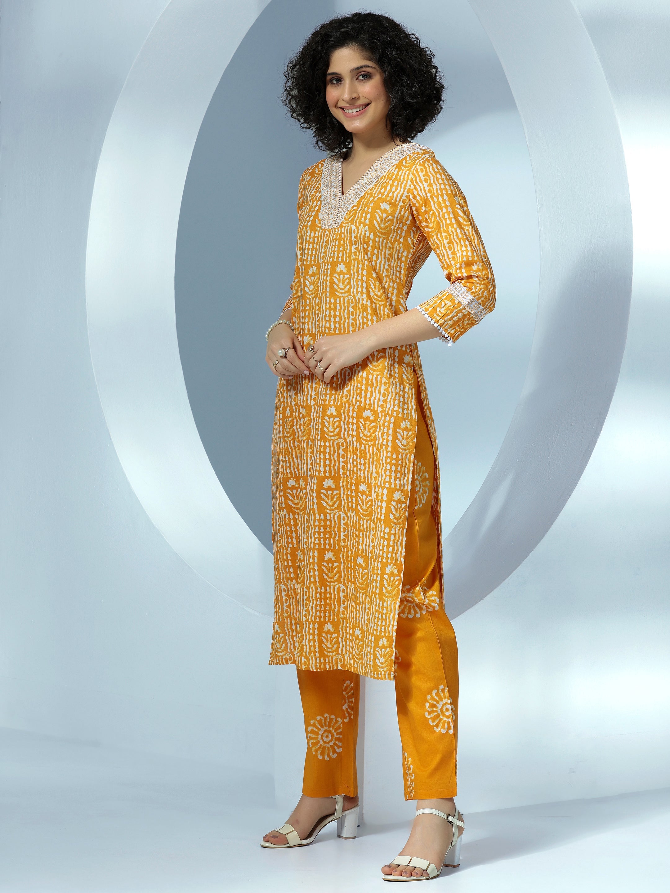 Mustard Printed Cotton Straight Suit With Dupatta