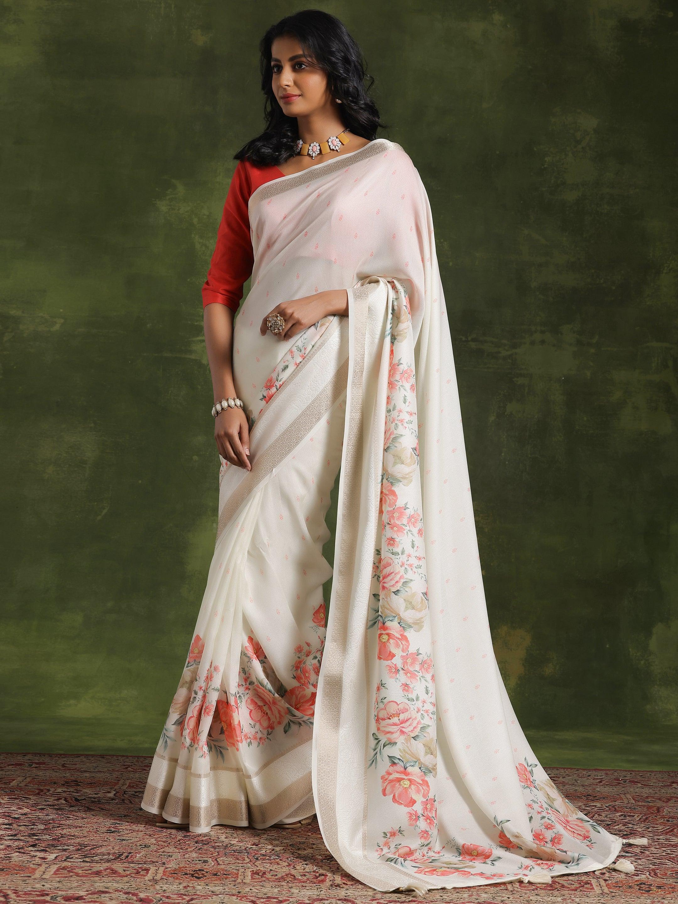 Off White Printed Silk Blend Saree With Unstitched Blouse Piece