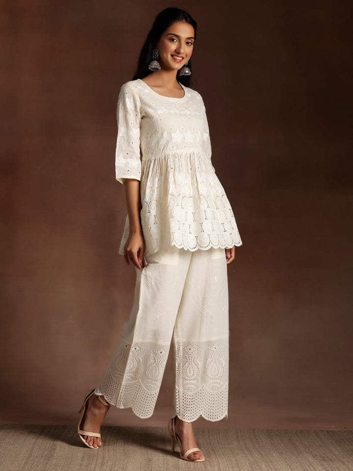 Rajnigandha Off White Embroidered Cotton A-Line Kurti