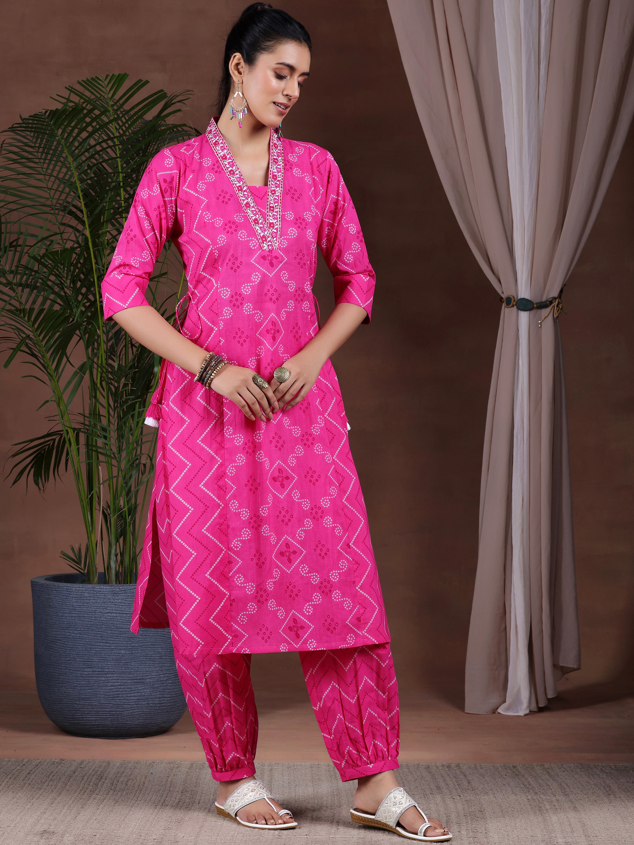 Pink Printed Cotton A-Line Kurta With Salwar & Dupatta