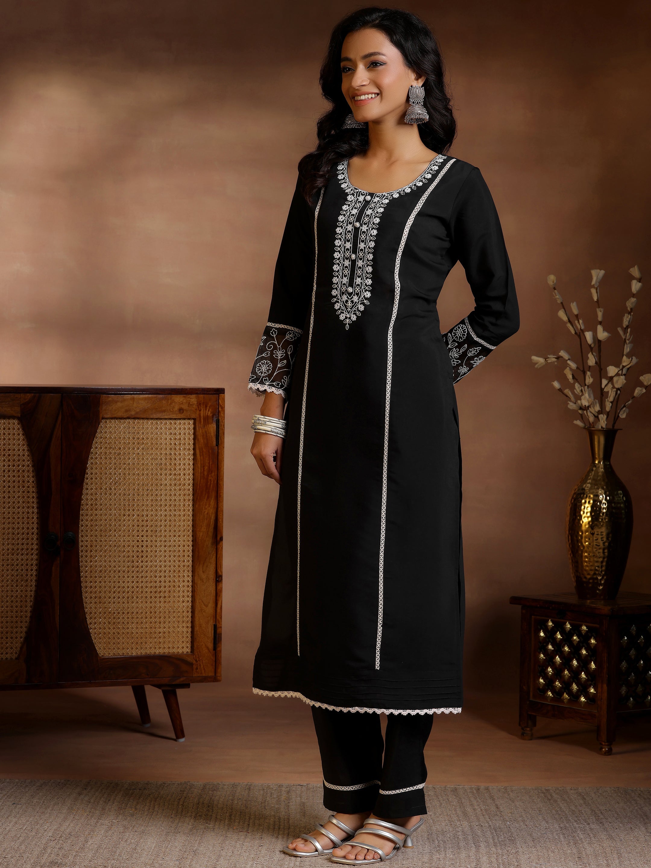 Black Yoke Design Silk Blend Straight Suit With Dupatta