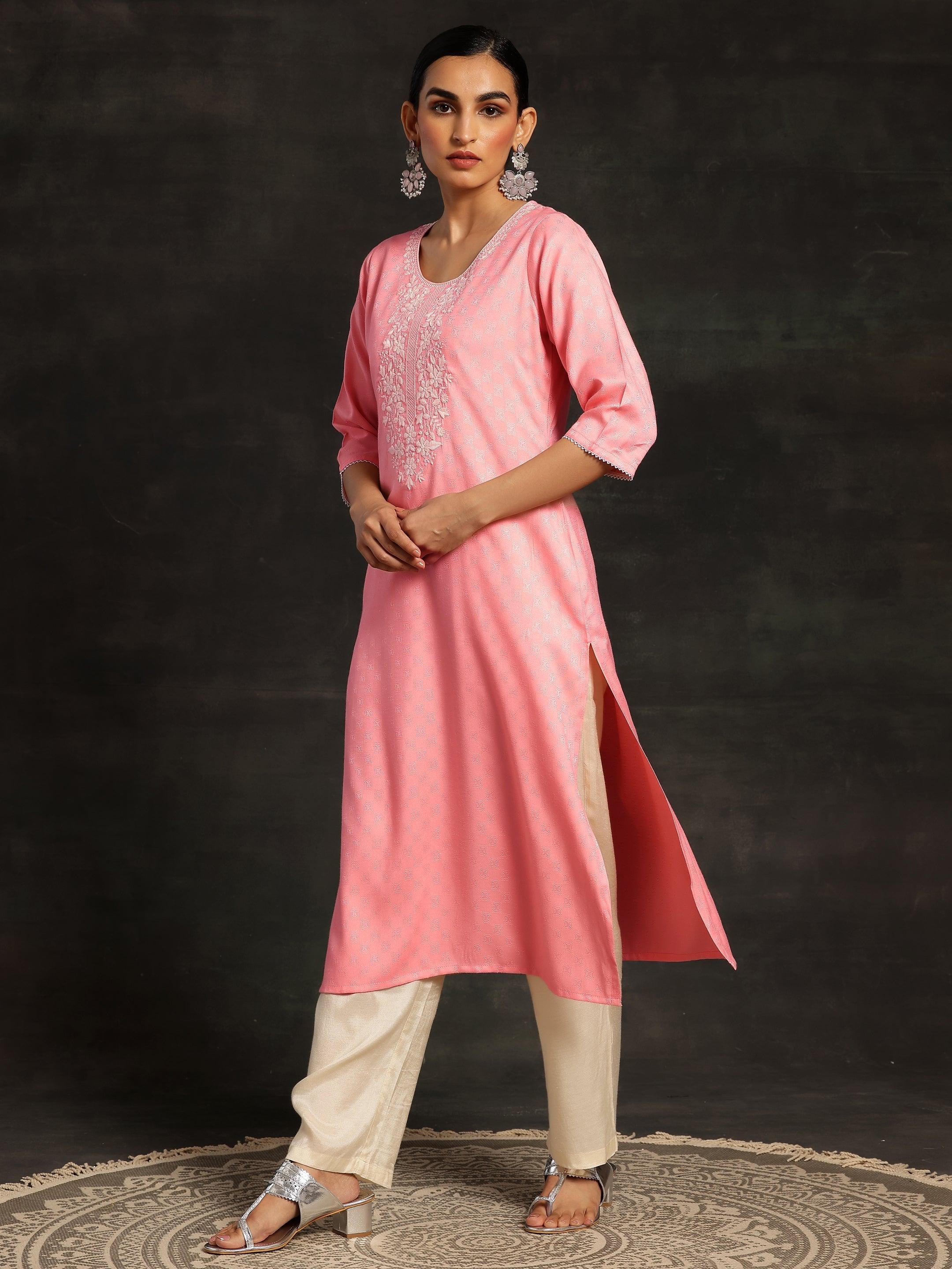 Pink Yoke Design Rayon Straight Kurta