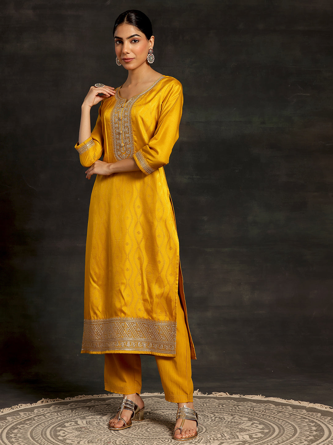 Mustard Woven Design Silk Blend Straight Suit With Dupatta