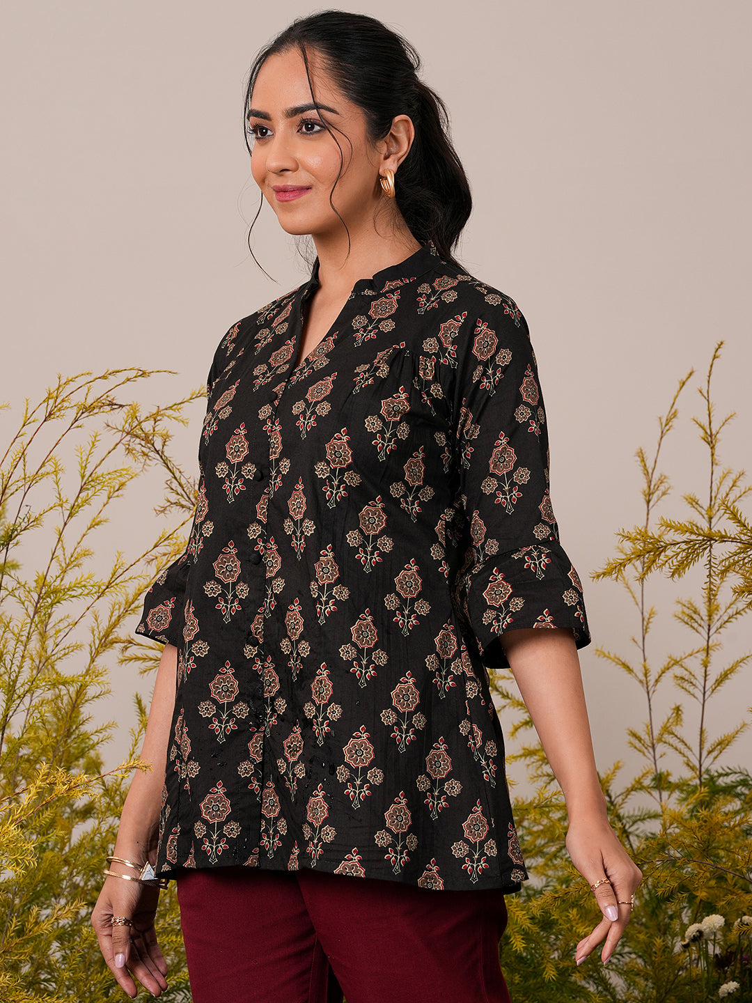 Black Printed Cotton Straight Kurti