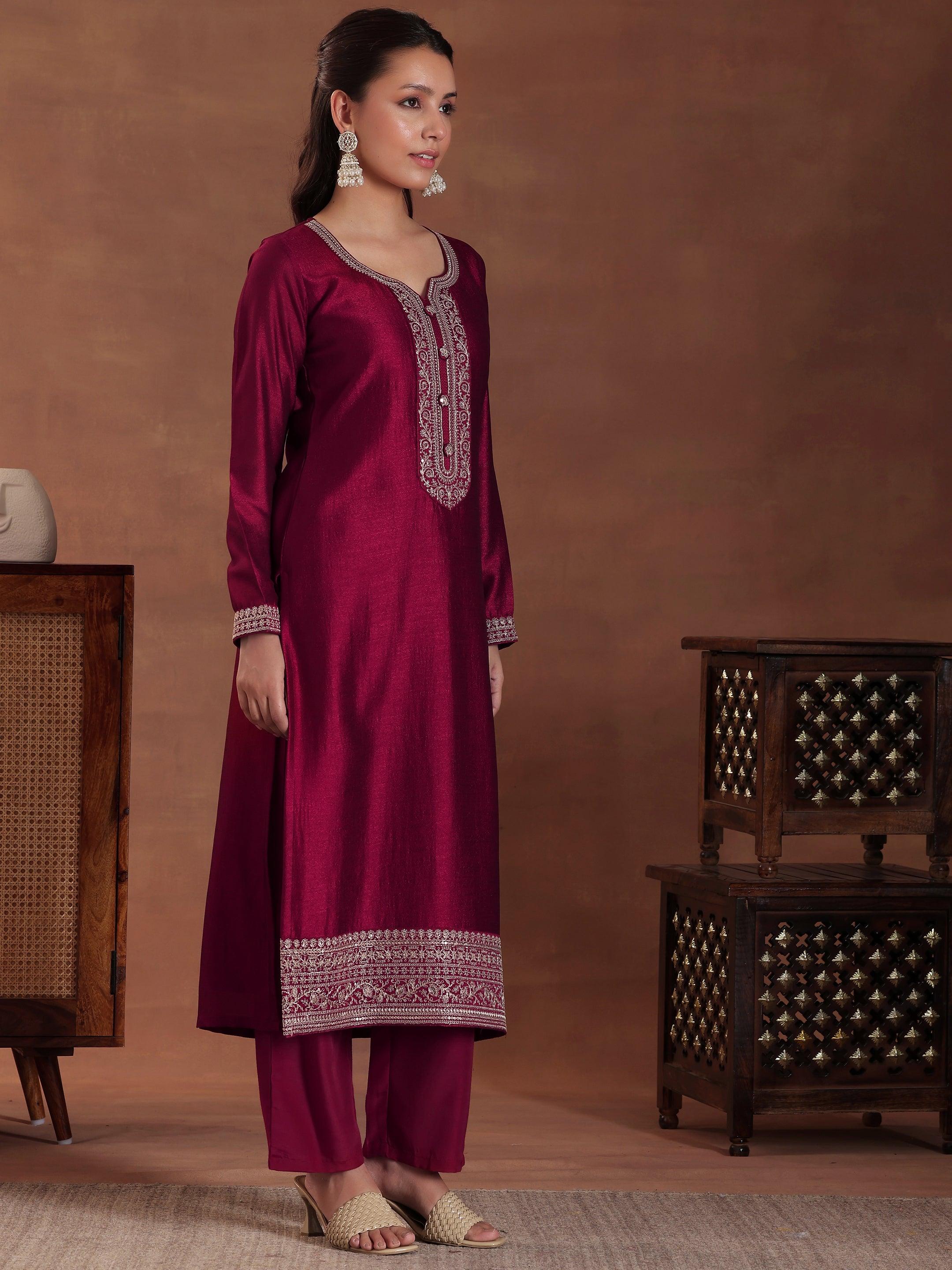 Maroon Embroidered Silk Blend Straight Suit With Dupatta