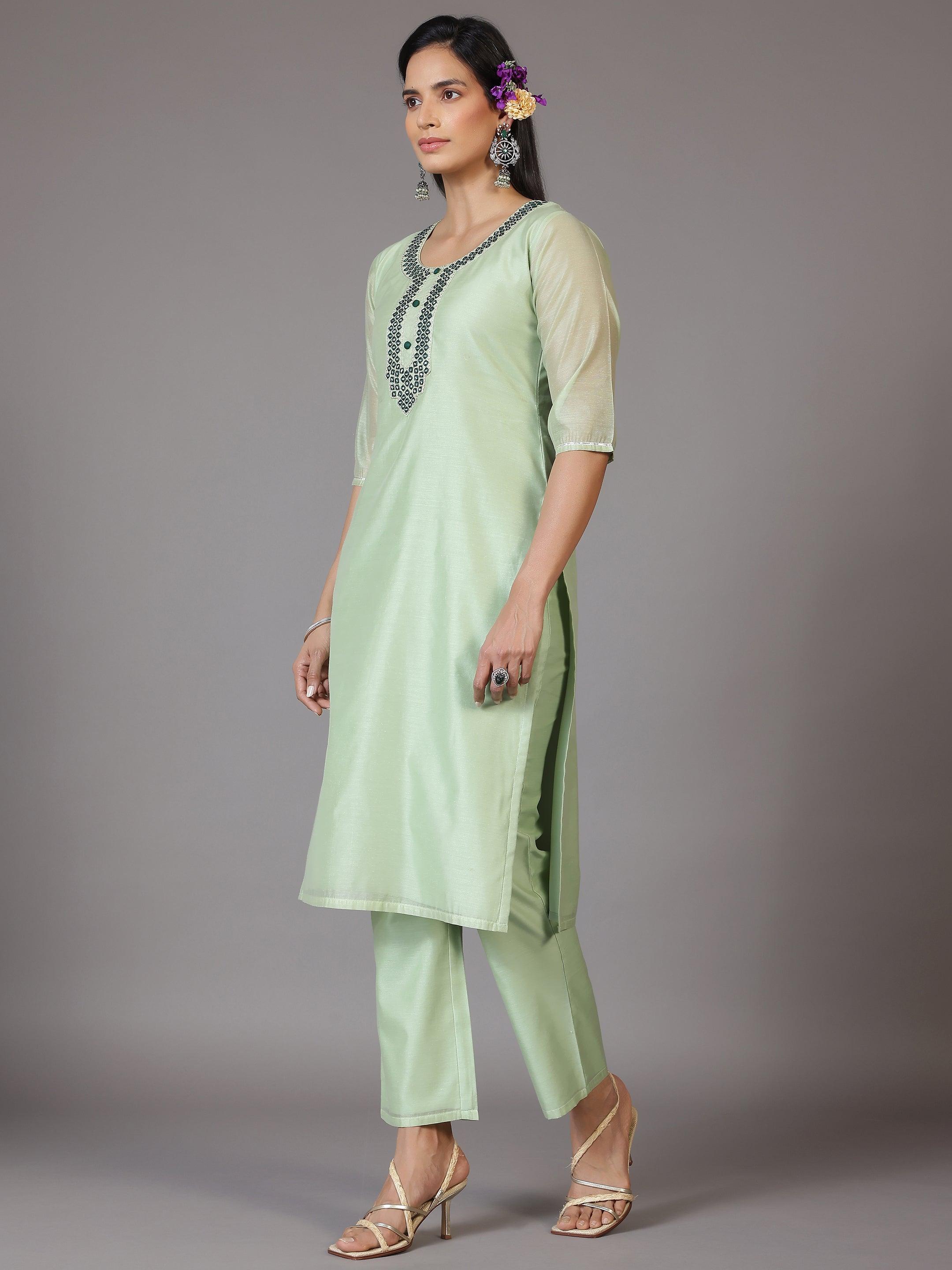 Green Yoke Design Chanderi Silk Straight Kurta With Trousers & Dupatta