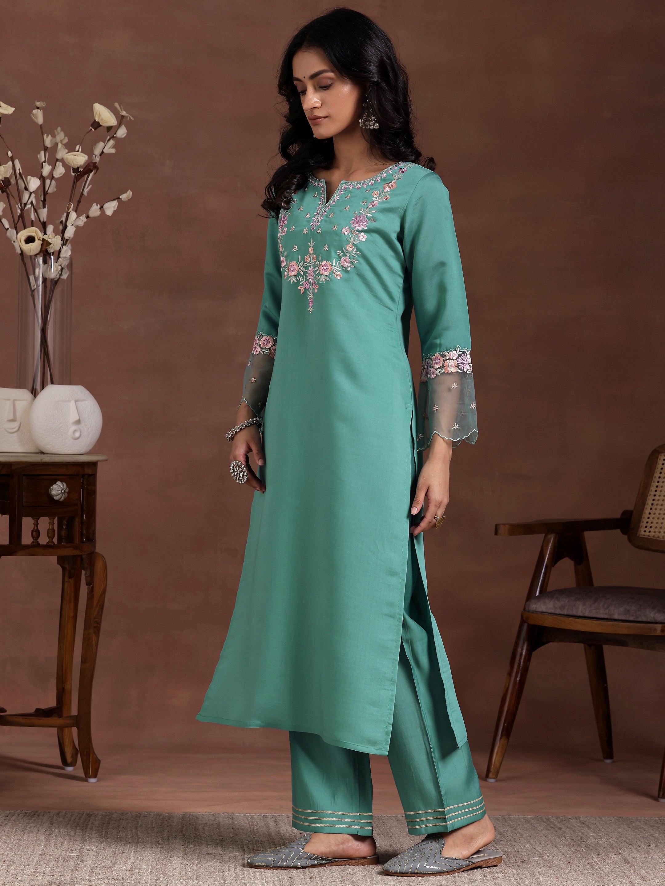 Green Yoke Design Silk Blend Straight Suit With Dupatta