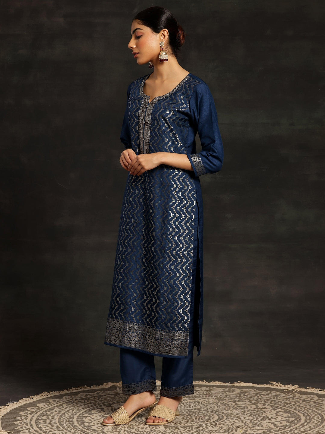 Blue Woven Design Silk Blend Straight Kurta With Trousers & Dupatta - ShopLibas