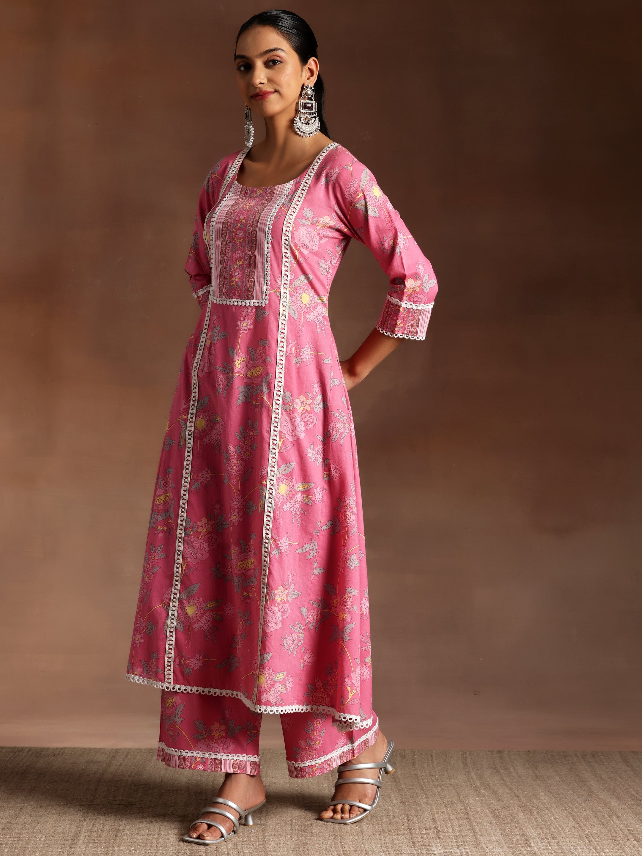 Saahiti Pink Printed Cotton A-Line Kurta With Palazzos