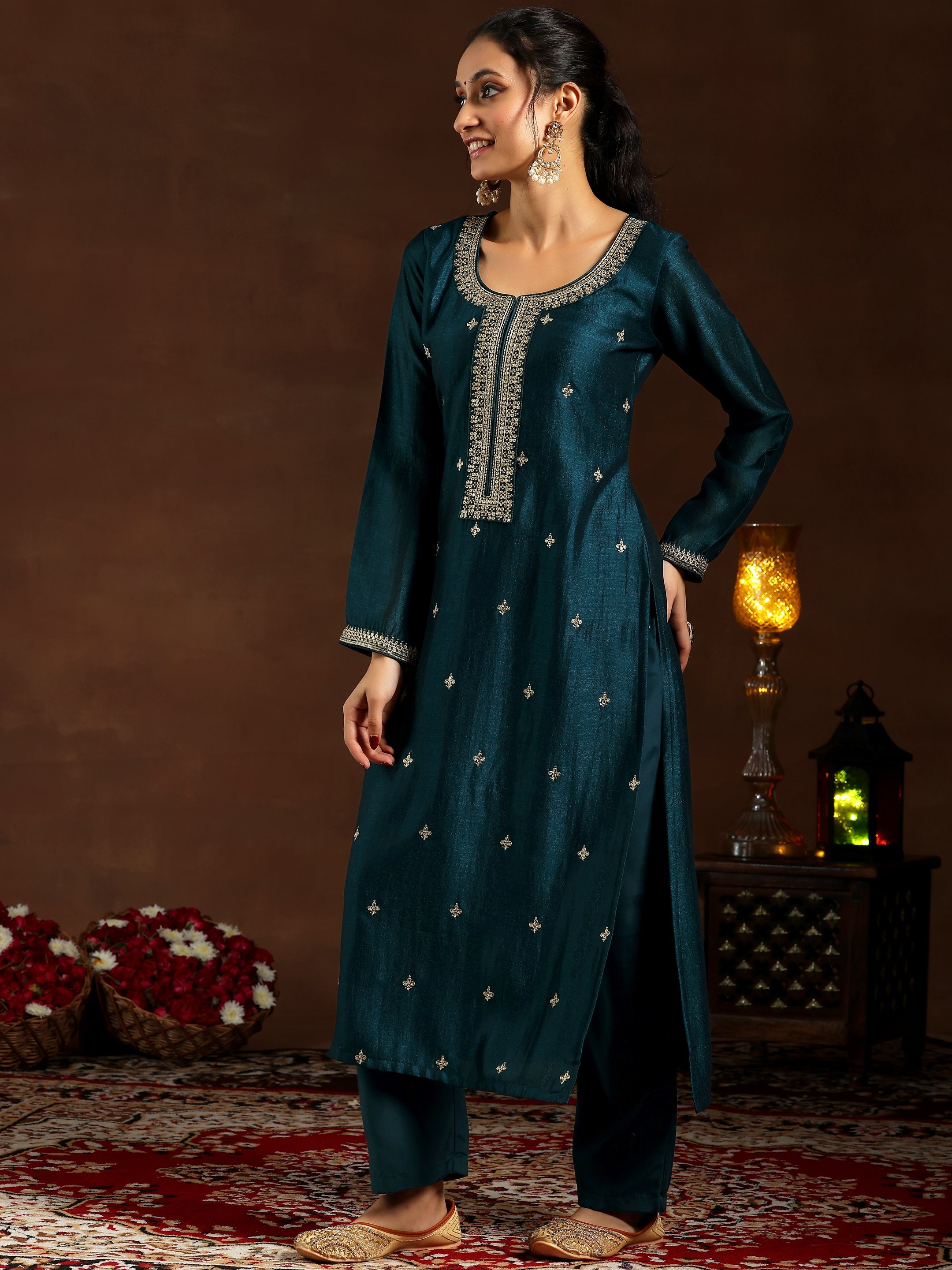 Teal Embroidered Silk Blend Straight Suit With Dupatta