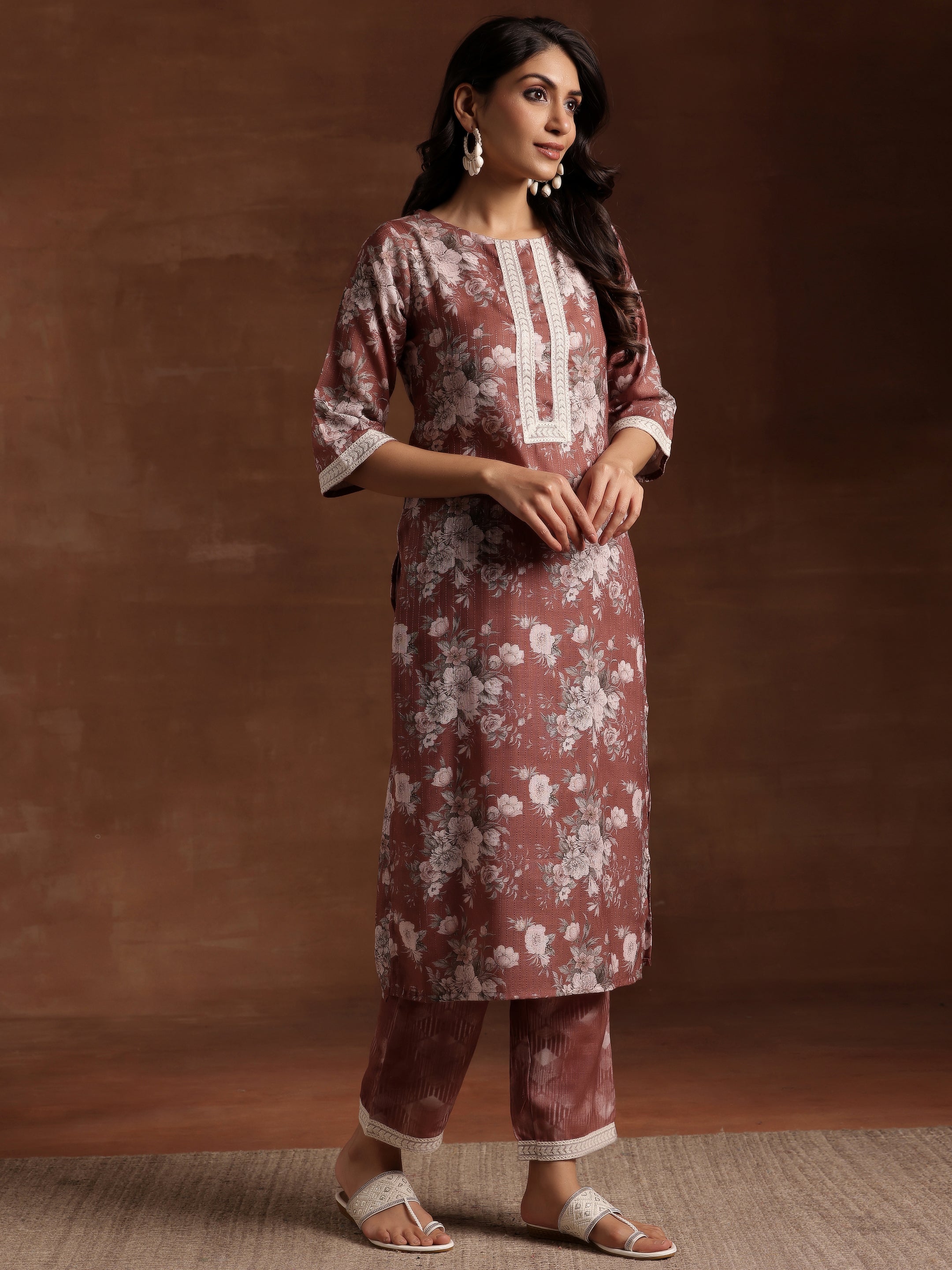 Brown Printed Cotton Straight Suit With Dupatta