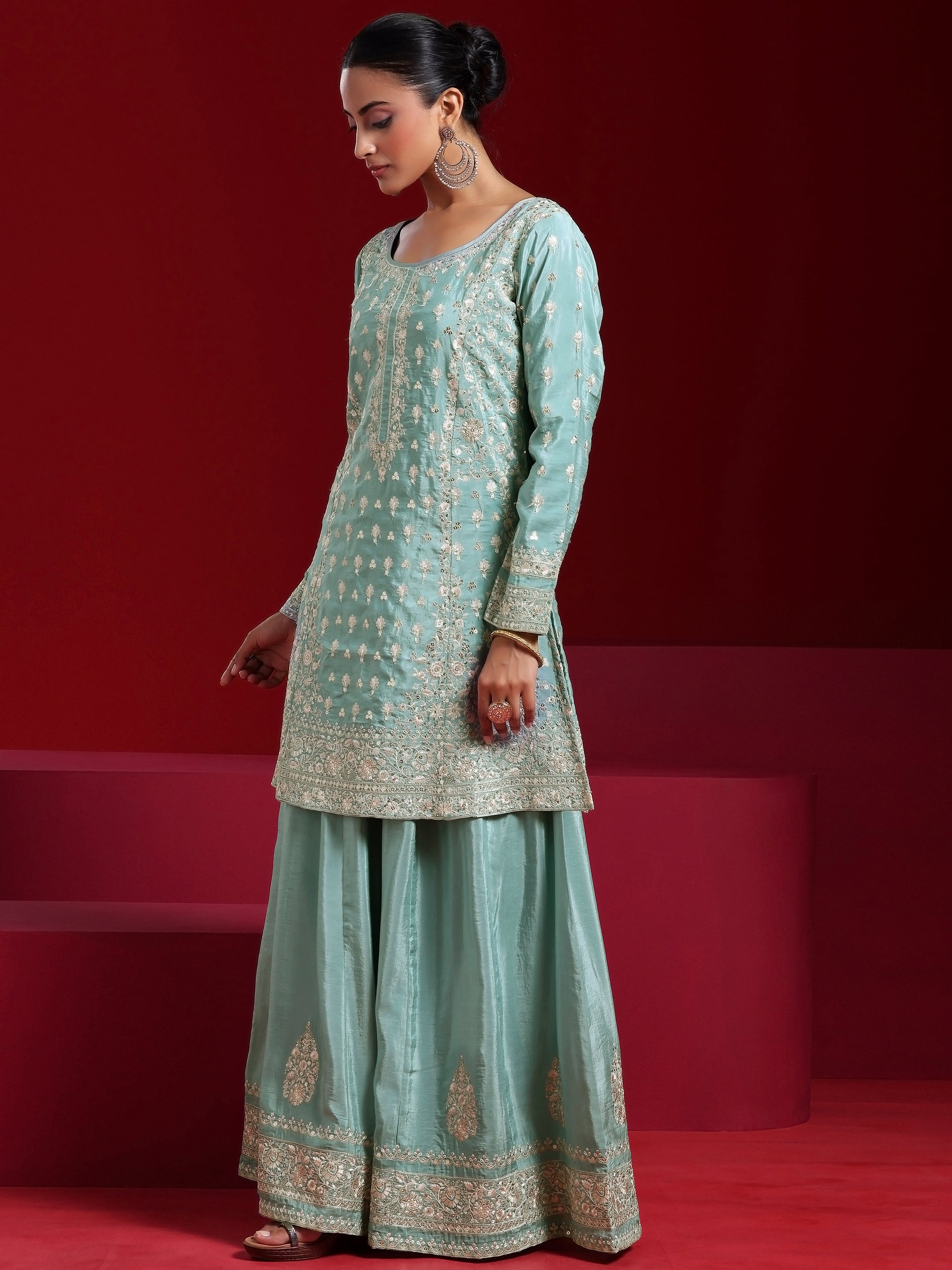 Libas Art Green Embroidered Silk Blend A-Line Kurta With Sharara & Dupatta