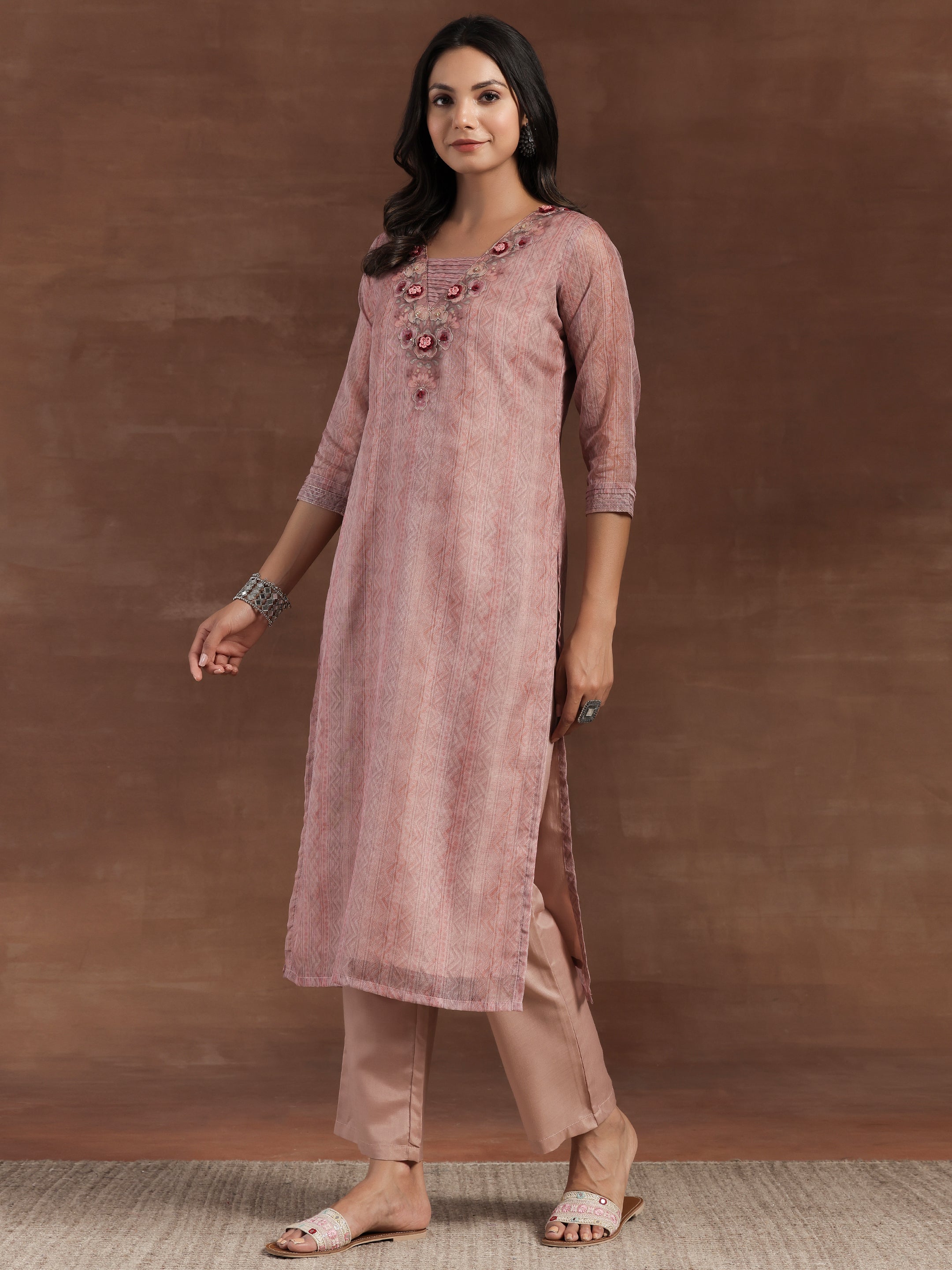 Pink Printed Organza Straight Suit With Dupatta