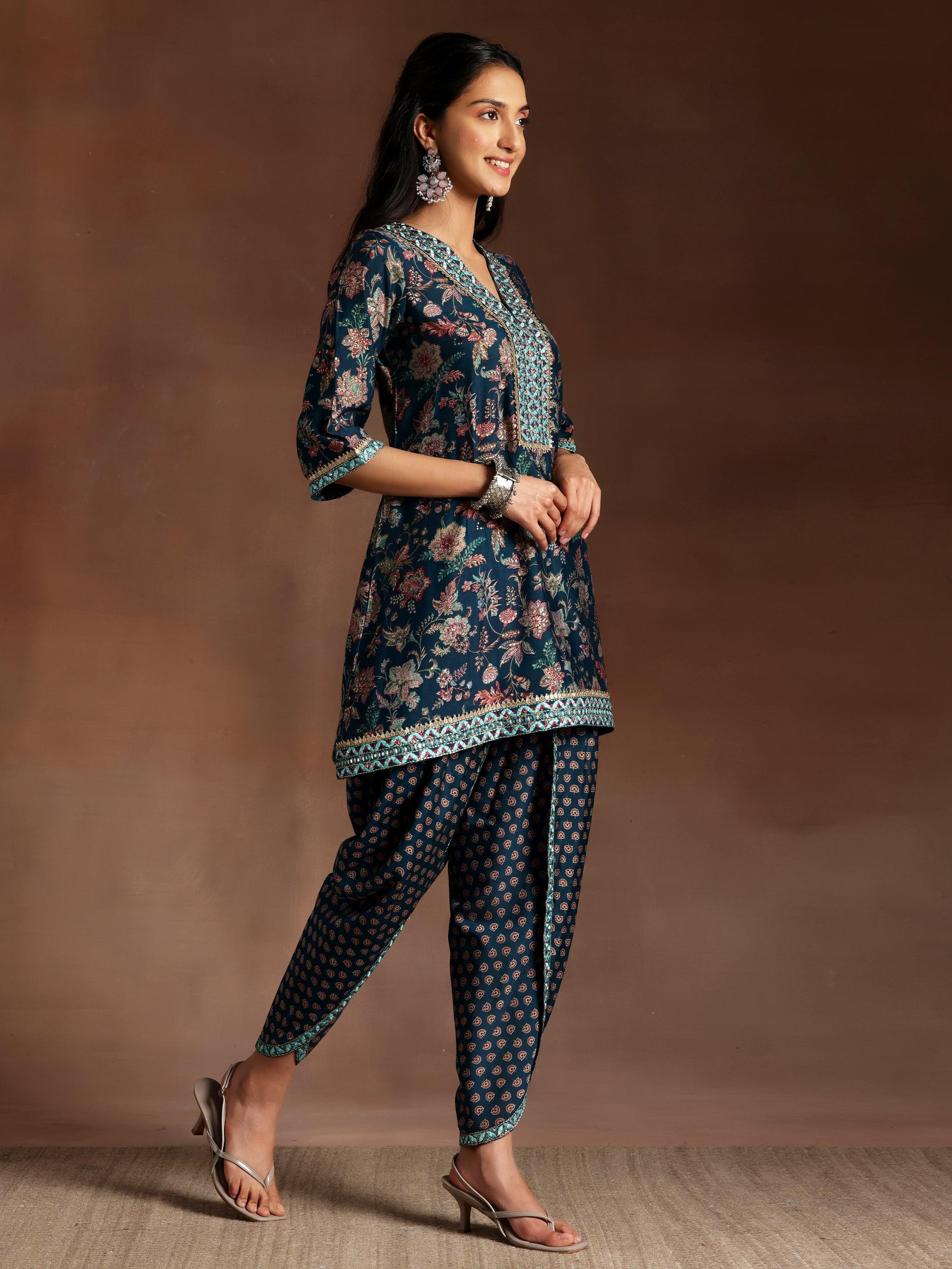 Blue Printed Silk Blend Straight Suit With Dupatta