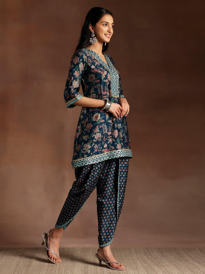 Siah Blue Printed Silk Blend Straight Kurta With Dhoti Pants & Dupatta - ShopLibas