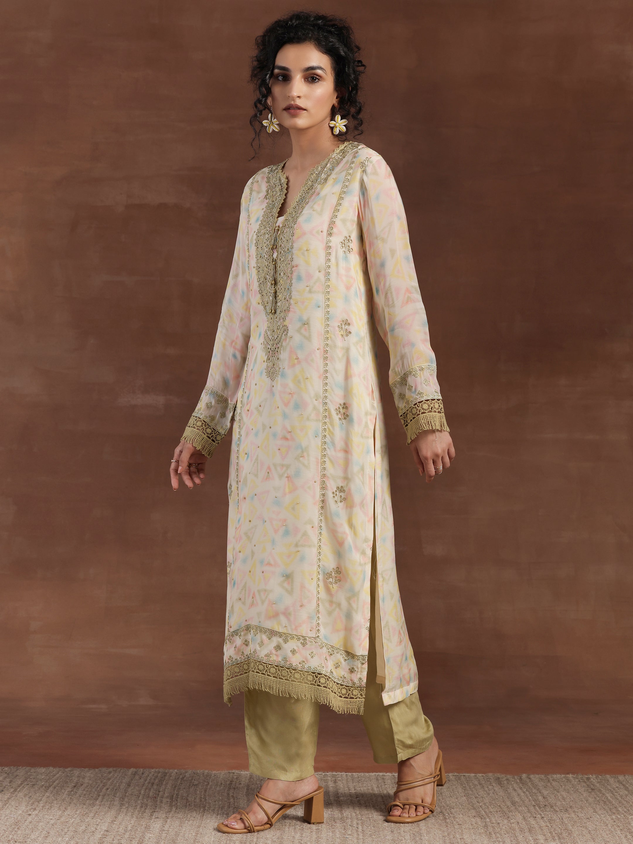 Olive Embroidered Organza Straight Suit With Dupatta