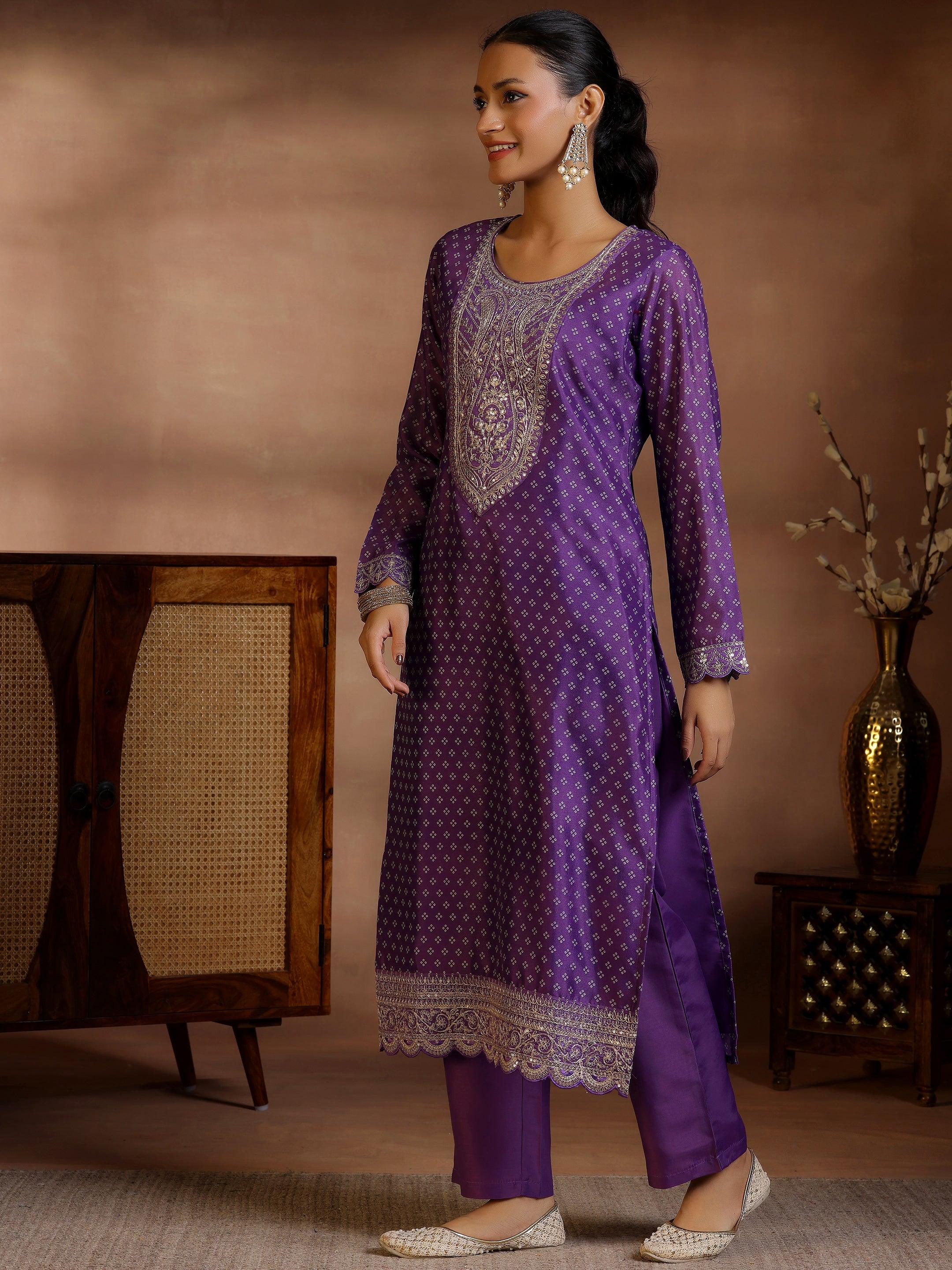 Purple Printed Silk Blend Straight Suit With Dupatta