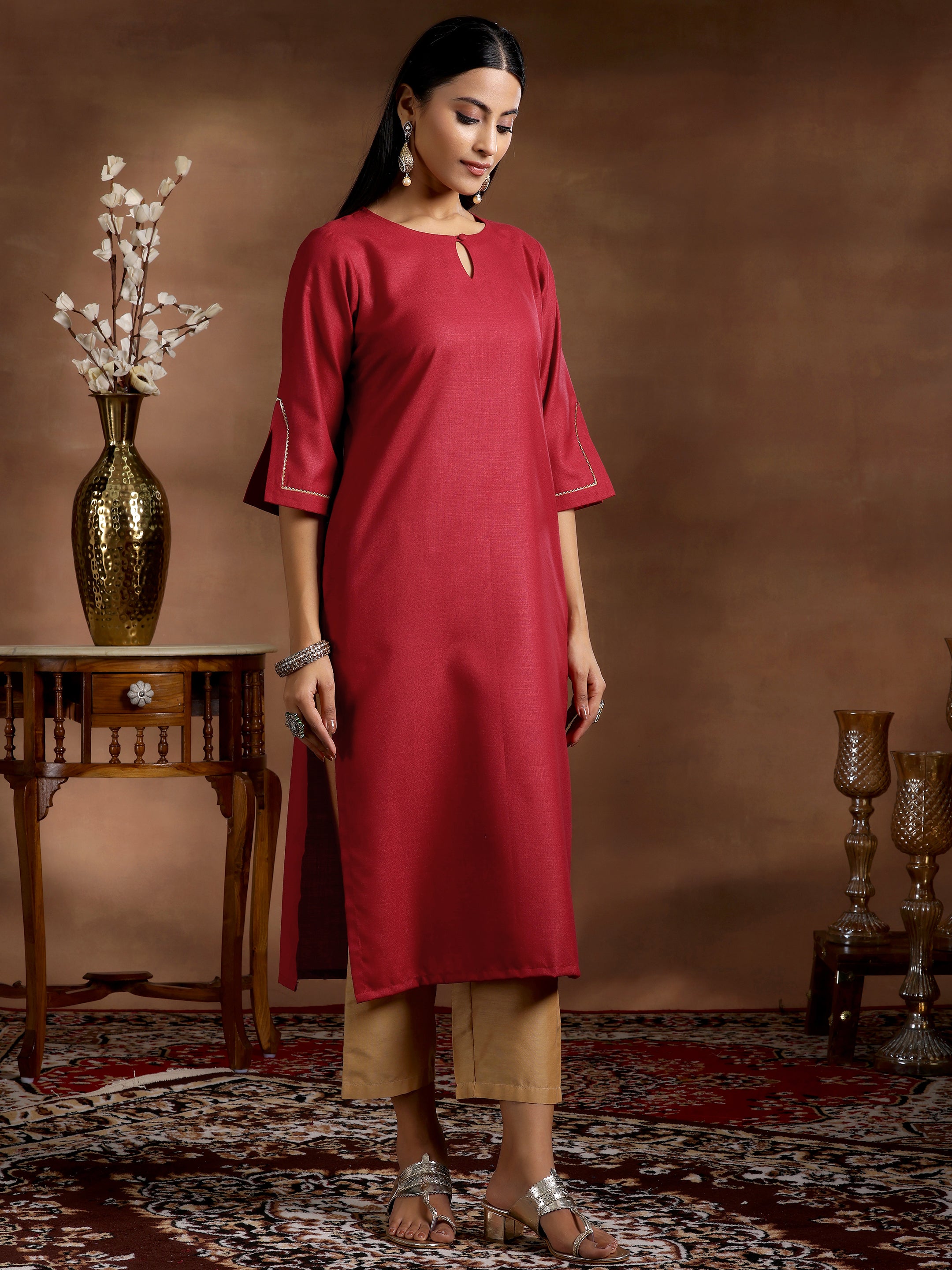 Maroon Solid Silk Straight Kurta