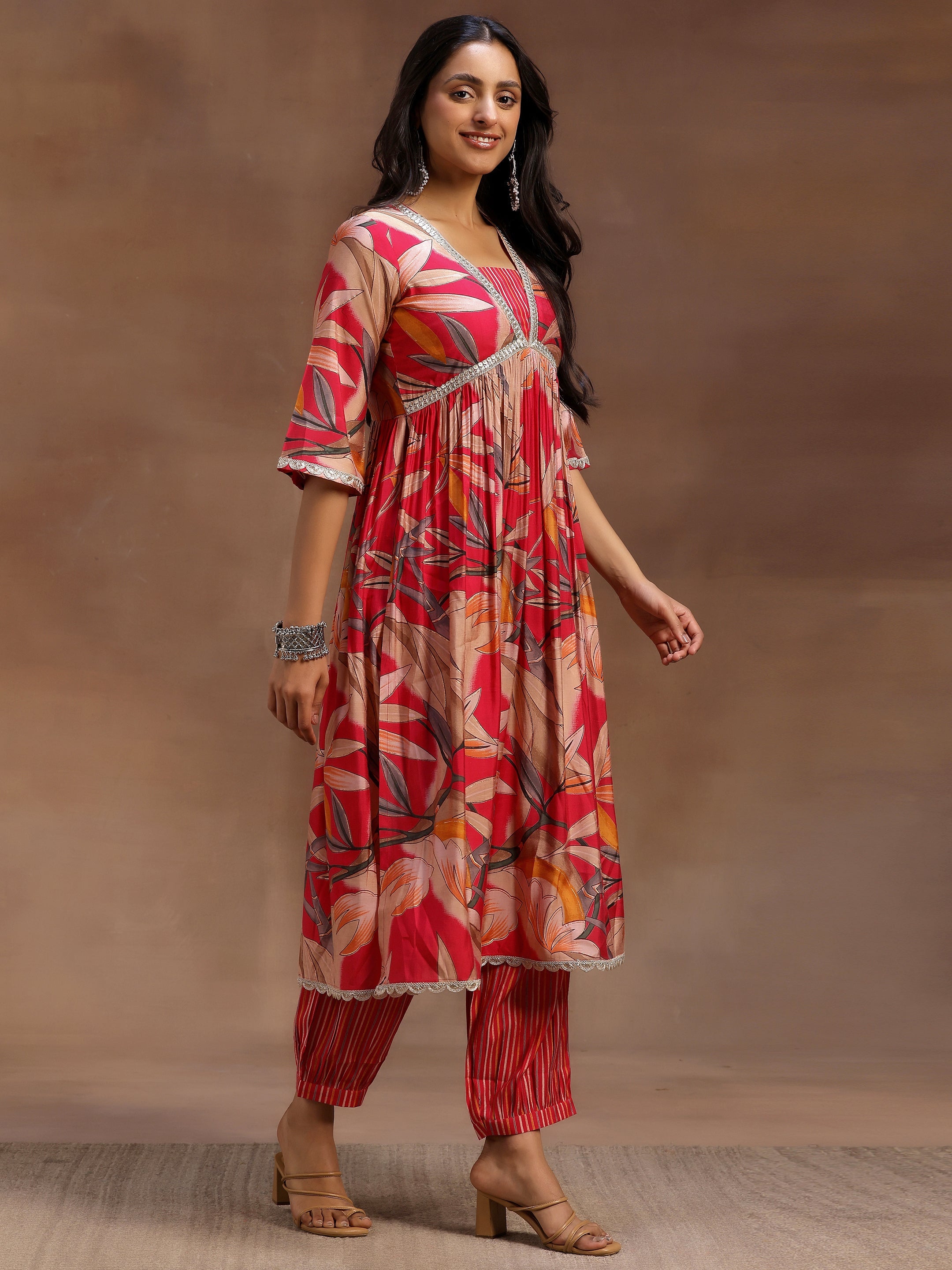 Pink Printed Silk Blend A-Line Kurta With Salwar & Dupatta