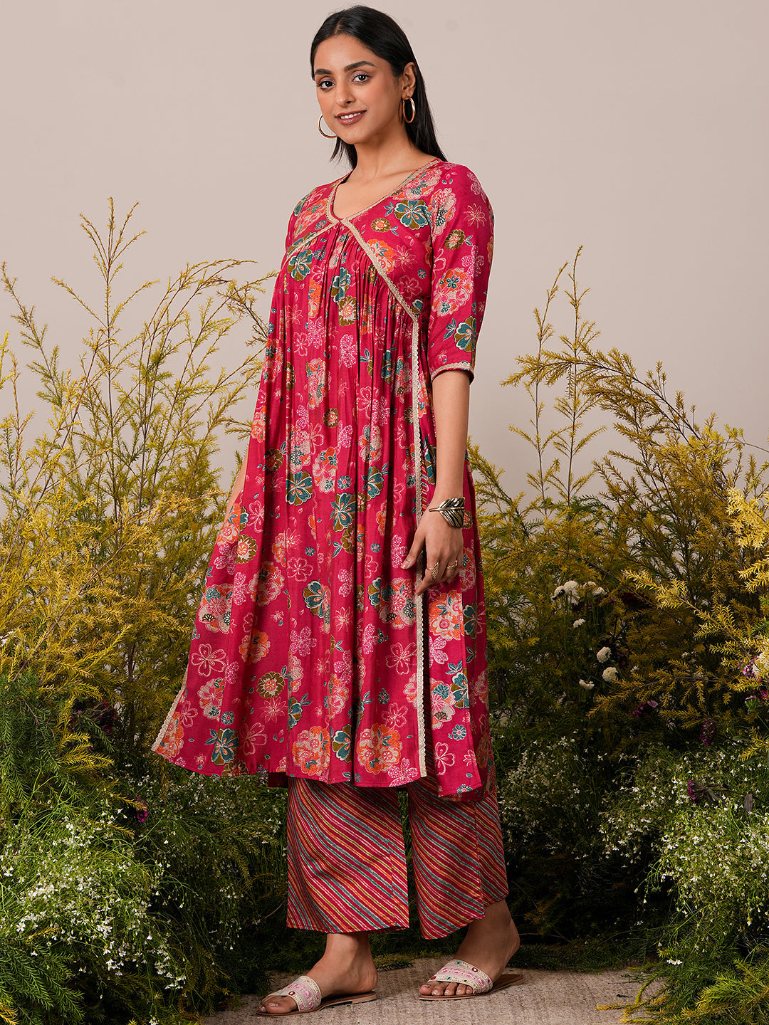 Pink Printed Silk Blend A-Line Kurta With Palazzos & Dupatta