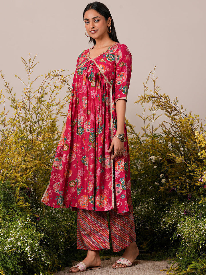 Pink Printed Silk Blend A-Line Kurta With Palazzos & Dupatta - ShopLibas