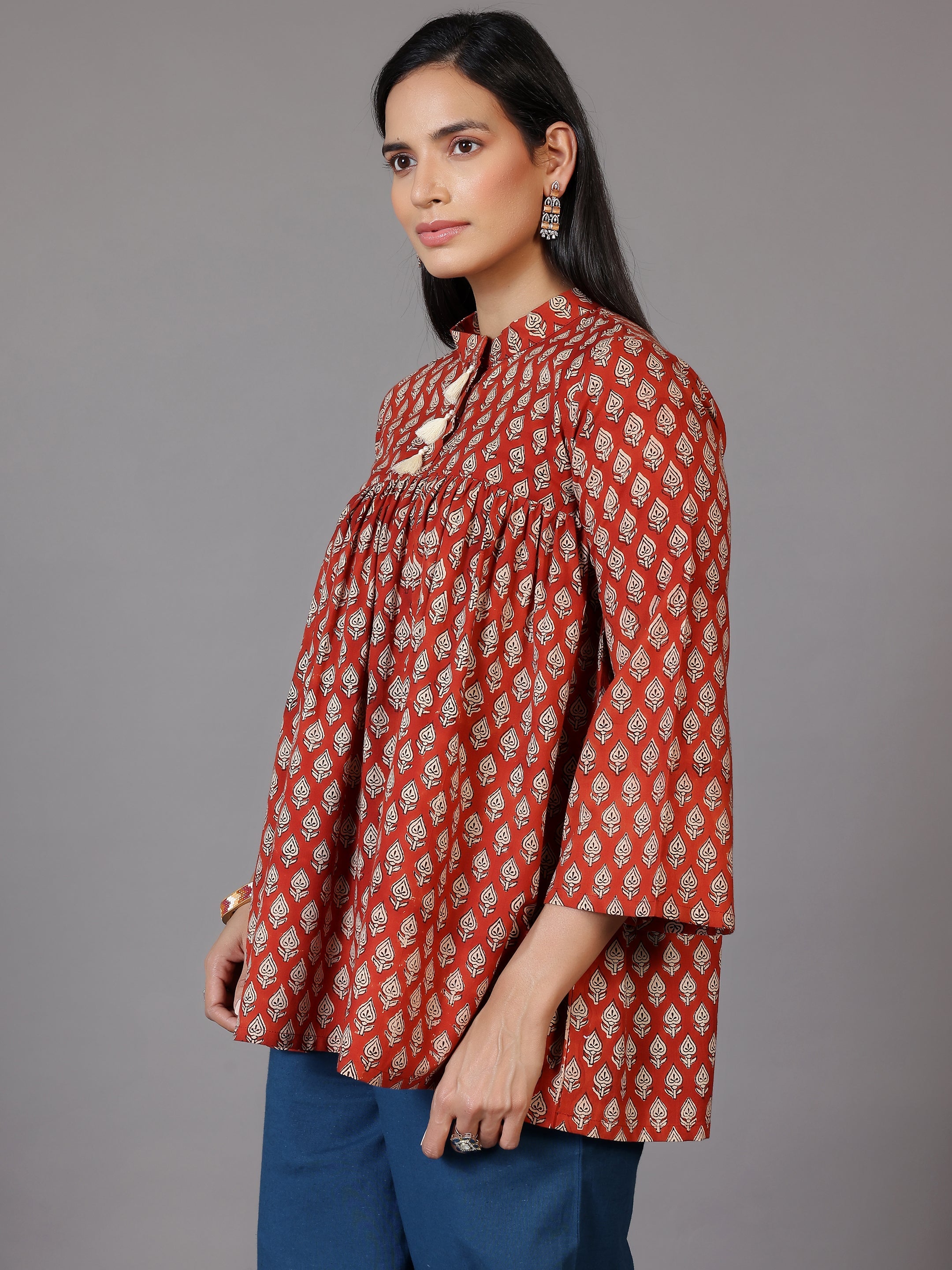 Rust Printed Cotton A-Line Kurti