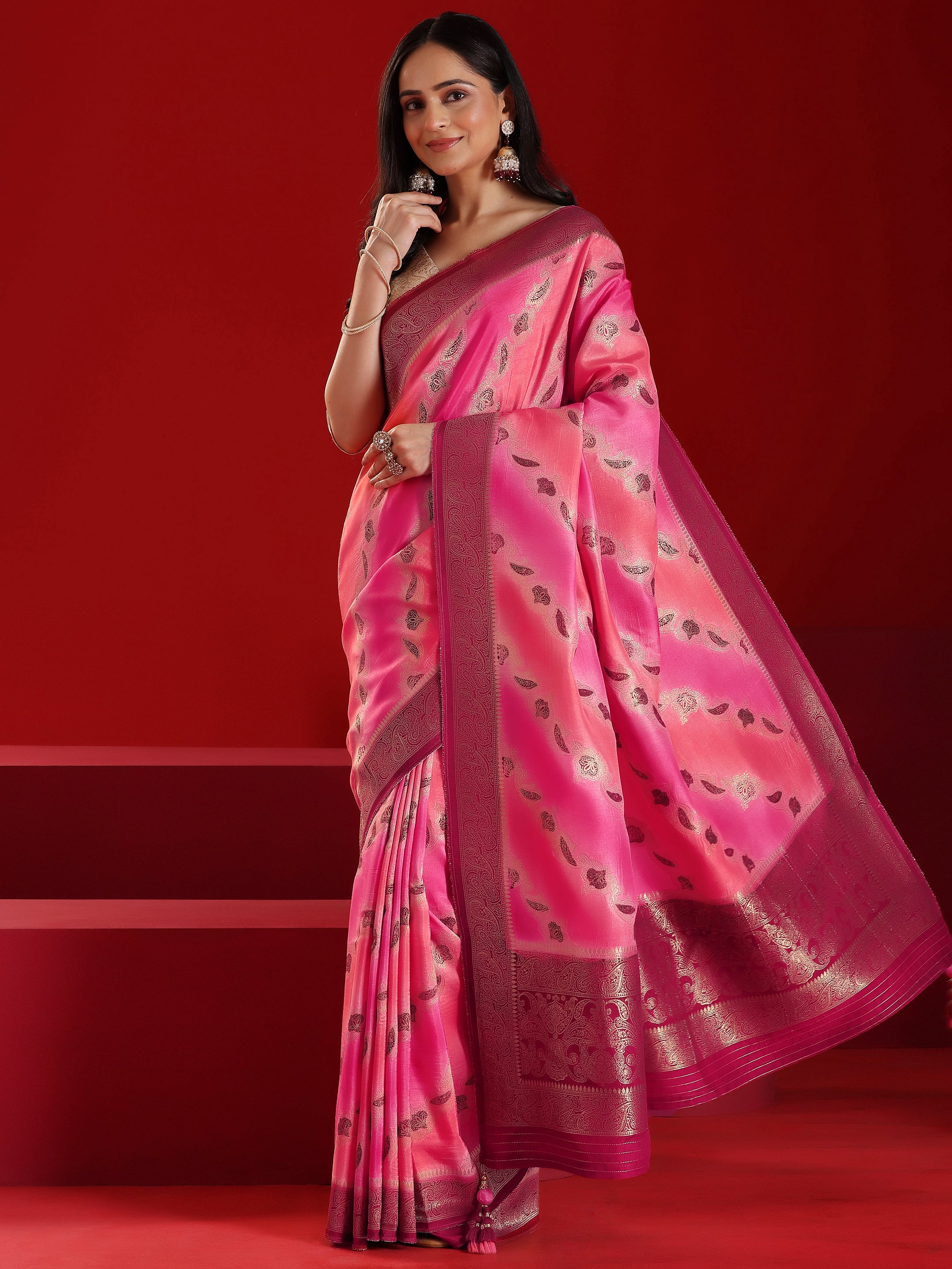 Libas Art Pink Woven Design Satin Saree With Unstitched  Blouse Piece